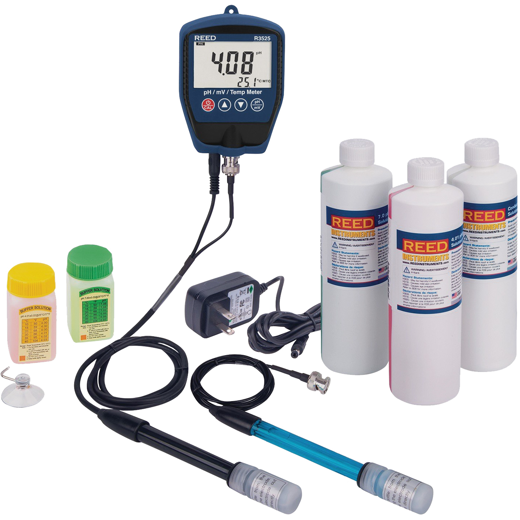 Trousse de pH/mV-mètre R3525 avec électrode de potentiel redox, solution de pH/conductivité et adaptateur de courant