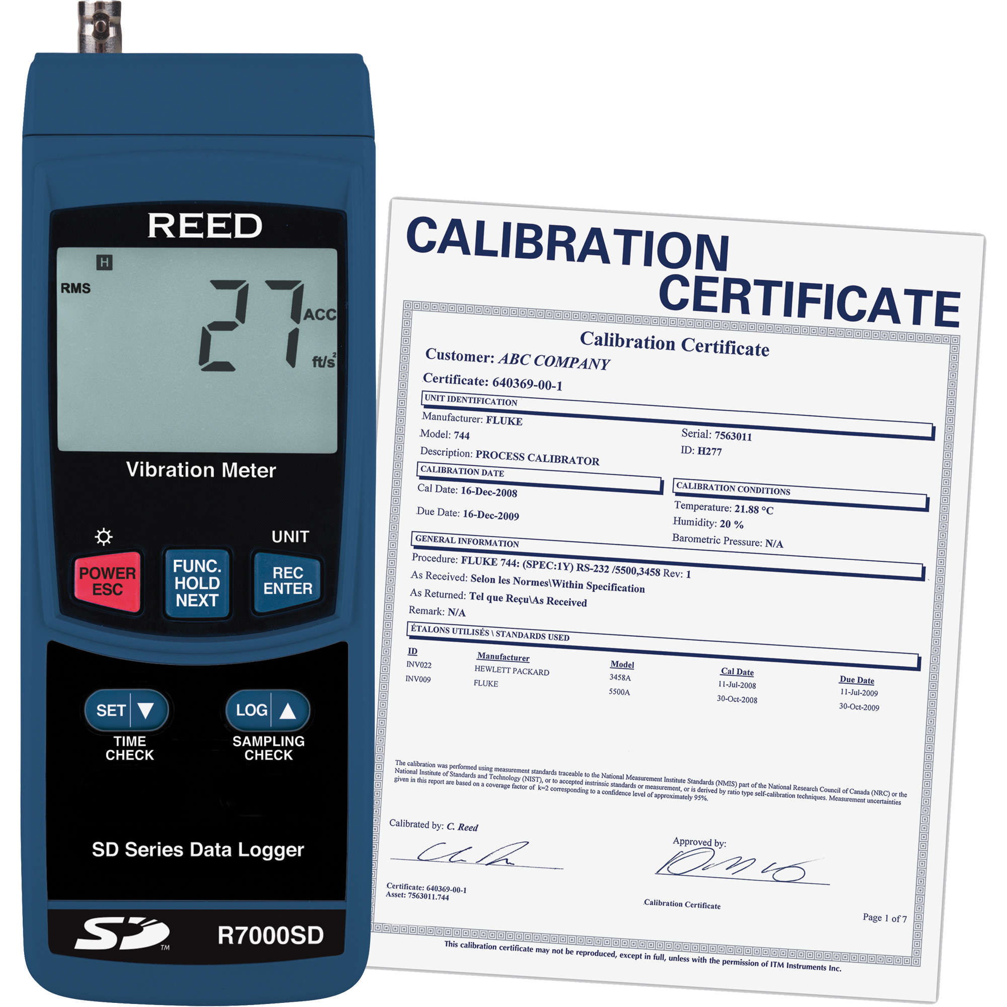 Vibromètre à enregistrement de données avec certificat ISO, 10% - 85% HR, 32°- 122° F ( 0° - 50° C )