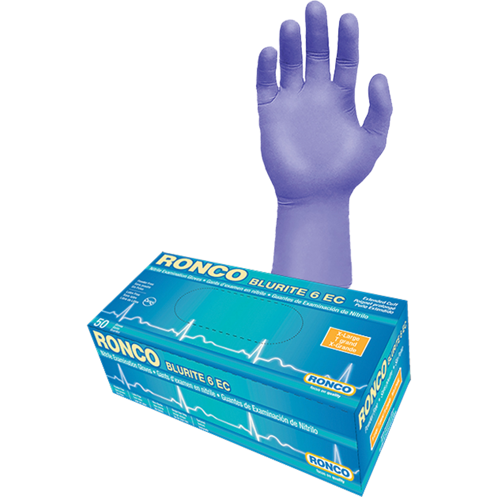 Gants d'examen à manchette allongée Blurite 6 EC, Moyen, Nitrile, 6 mils, Sans poudre, Mauve, Classe 2