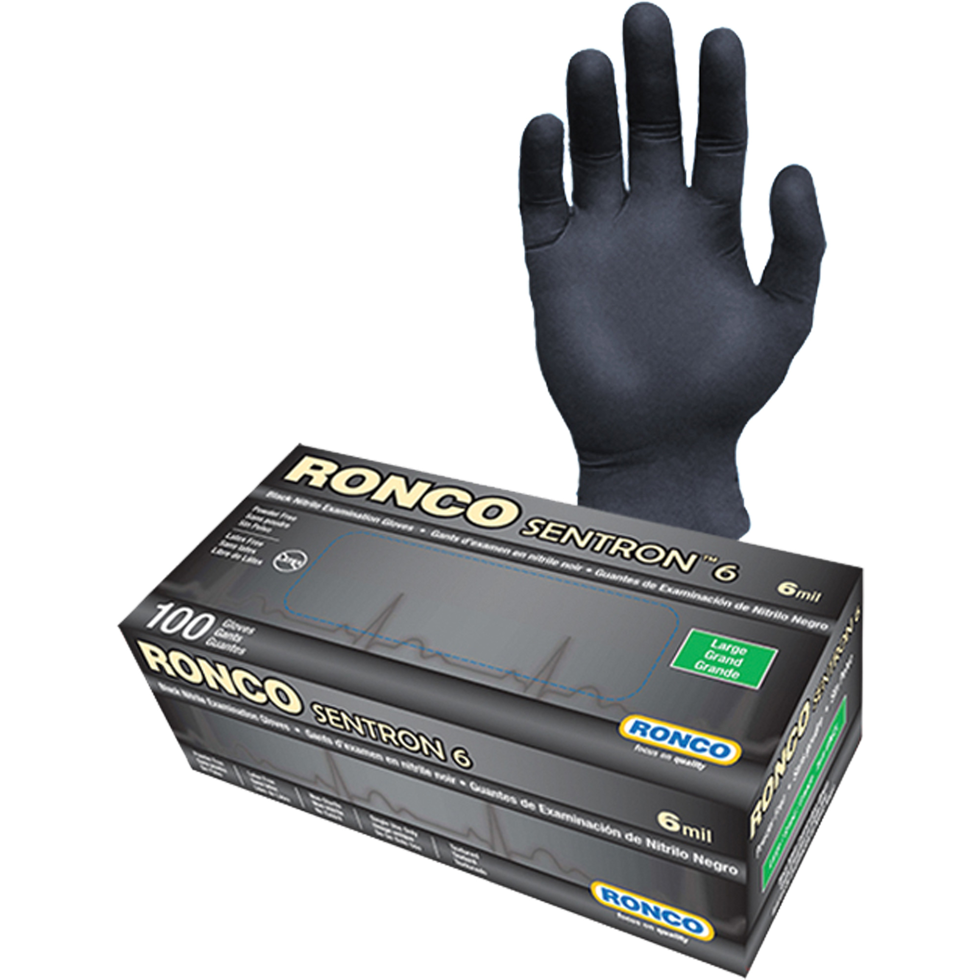 Gants d'examen jetables SentronMC 6, T-Grand, Nitrile, 6 mils, Sans poudre, Noir, Classe 2