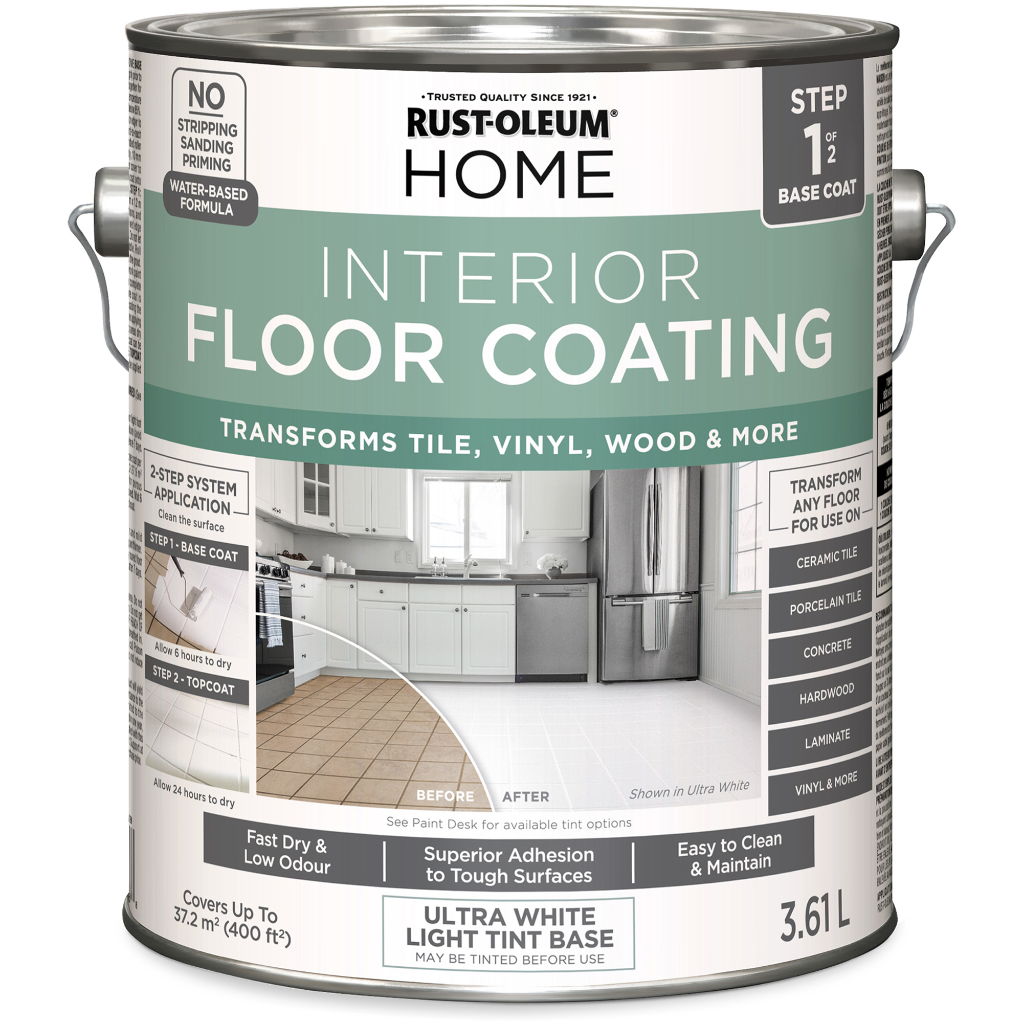 Couche de fond pour système de revêtement de plancher intérieur à la maison, 3,61 L, À l'eau, Très mat, Base à teinter/Blanc