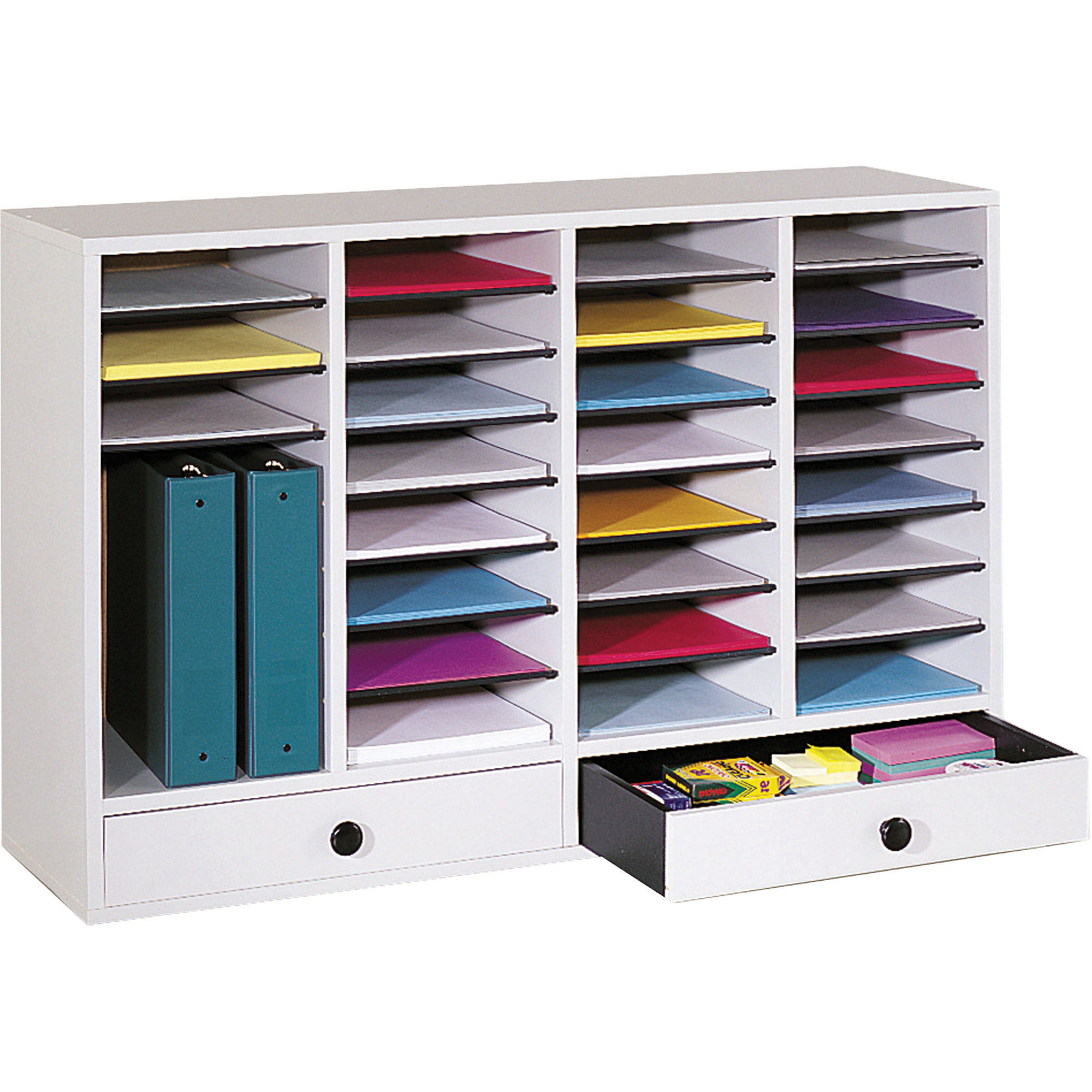 Casier à compartiments réglable pour documentation, Stationnaire, 34 fentes, Bois, 39-1/4" la x 11-3/4" p x 25-1/4" h
