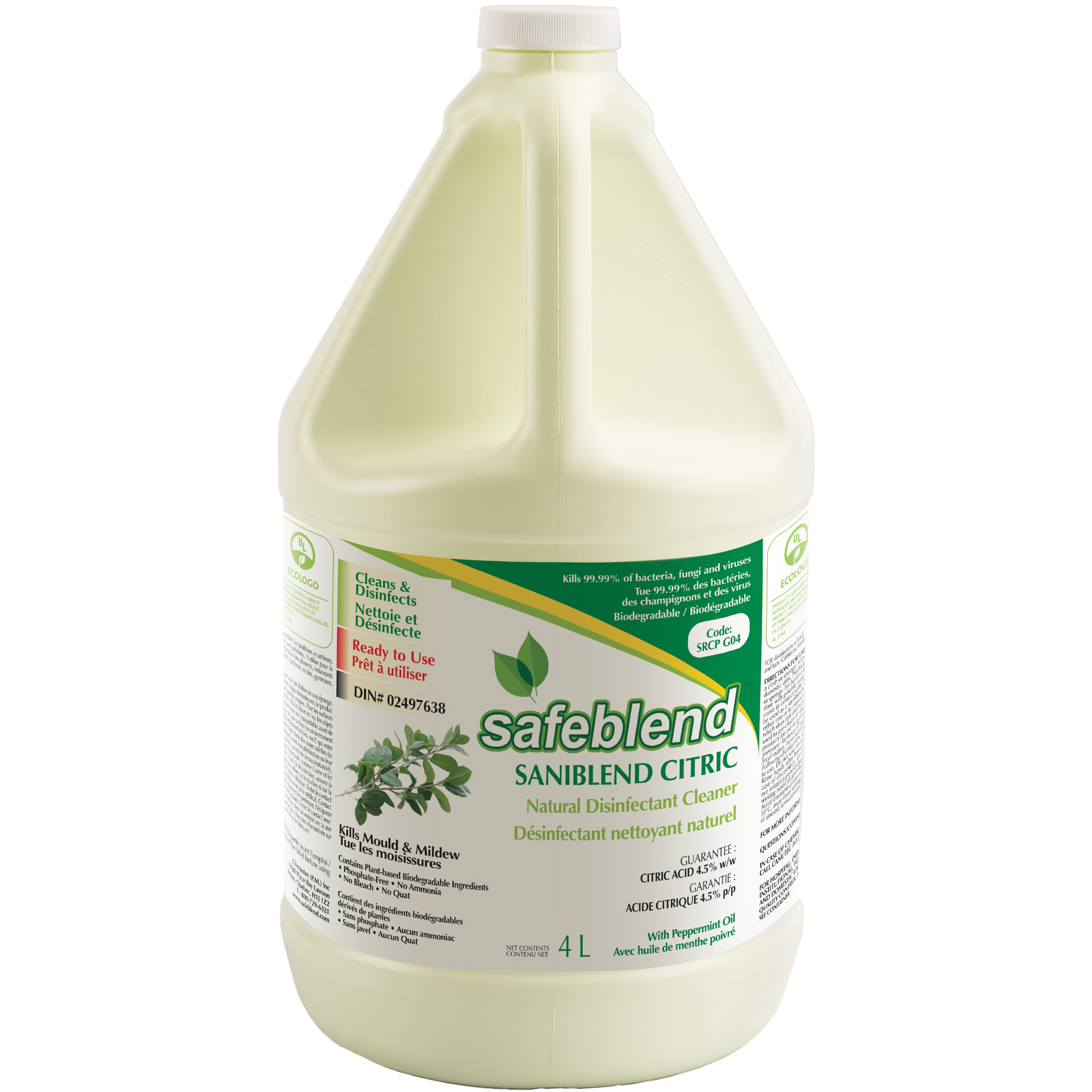 Nettoyant désinfectant CITRIC à l'huile de menthe poivrée, 4 L, Cruche