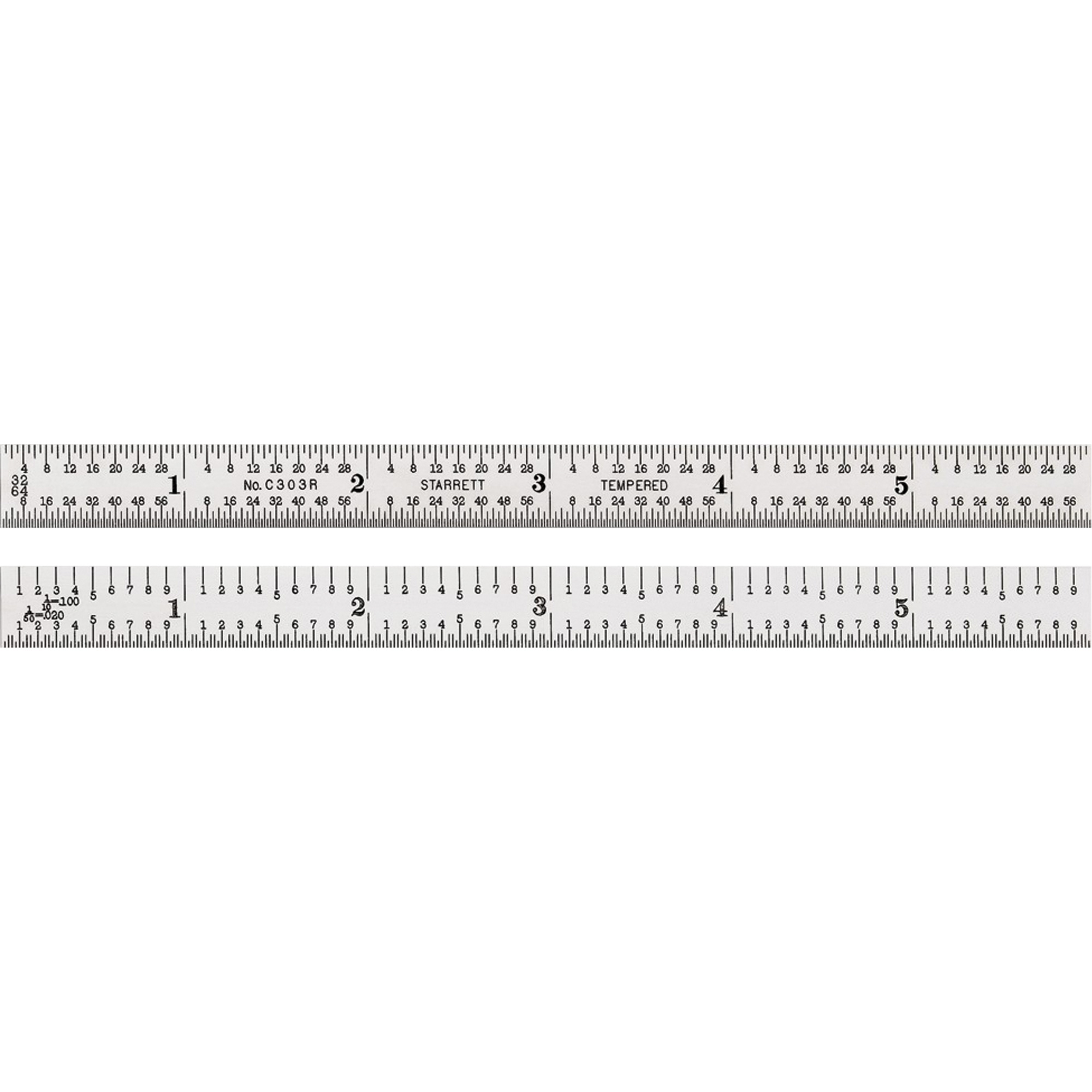 Règle entièrement flexible, 6" lo, Acier, Graduations de 1/32"/1/64"/1/10"/1/50"