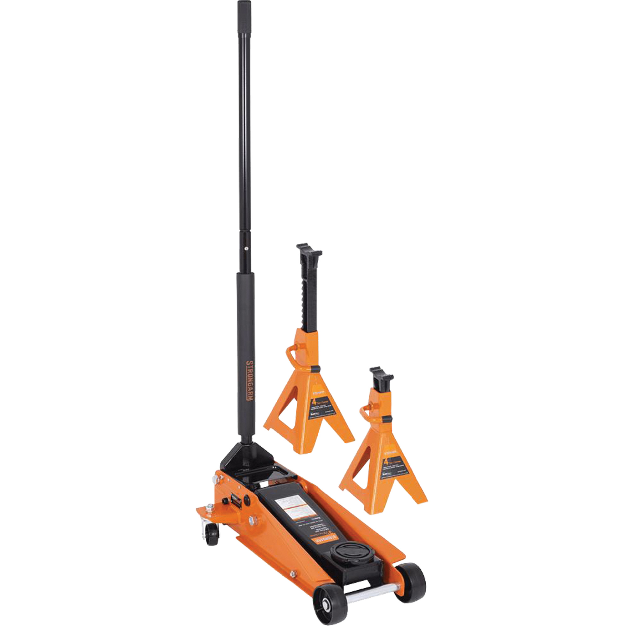 Cric d’atelier 4 tonnes avec paires de chandelles pour véhicule de 3 tonnes, 3,5 tonne(s) Capacité, 5-1/8" Abaissée, 21" Élevée, Hydraulique à main