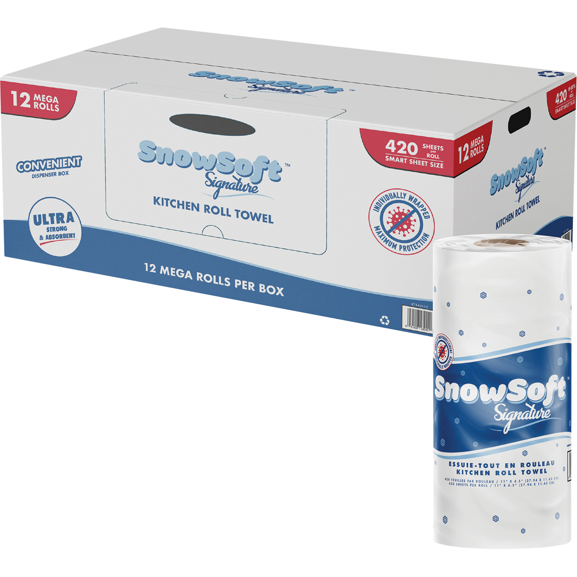 Rouleau d’essuie-tout de cuisine Signature de Snow SoftMC, 2 Pli, 420 Feuilles/rouleau, 4,5" la, 11" lo