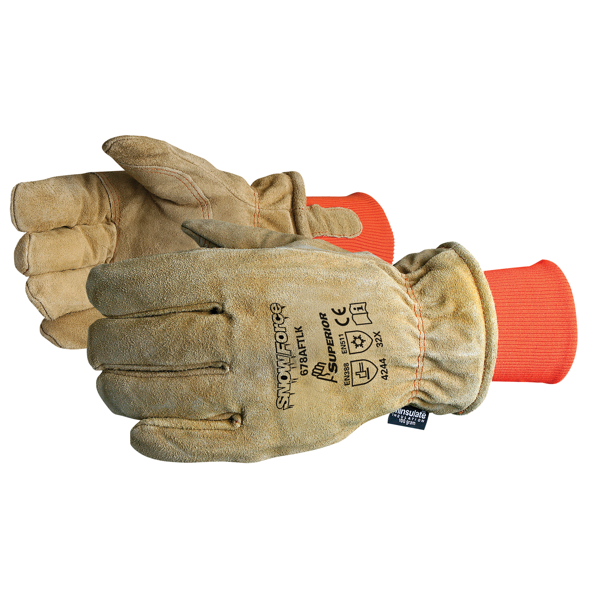 Gant brun SnowForceMC pour températures froides, Taille unique, Paume en Cuir fleur de vache, Doublure en ThinsulateMC