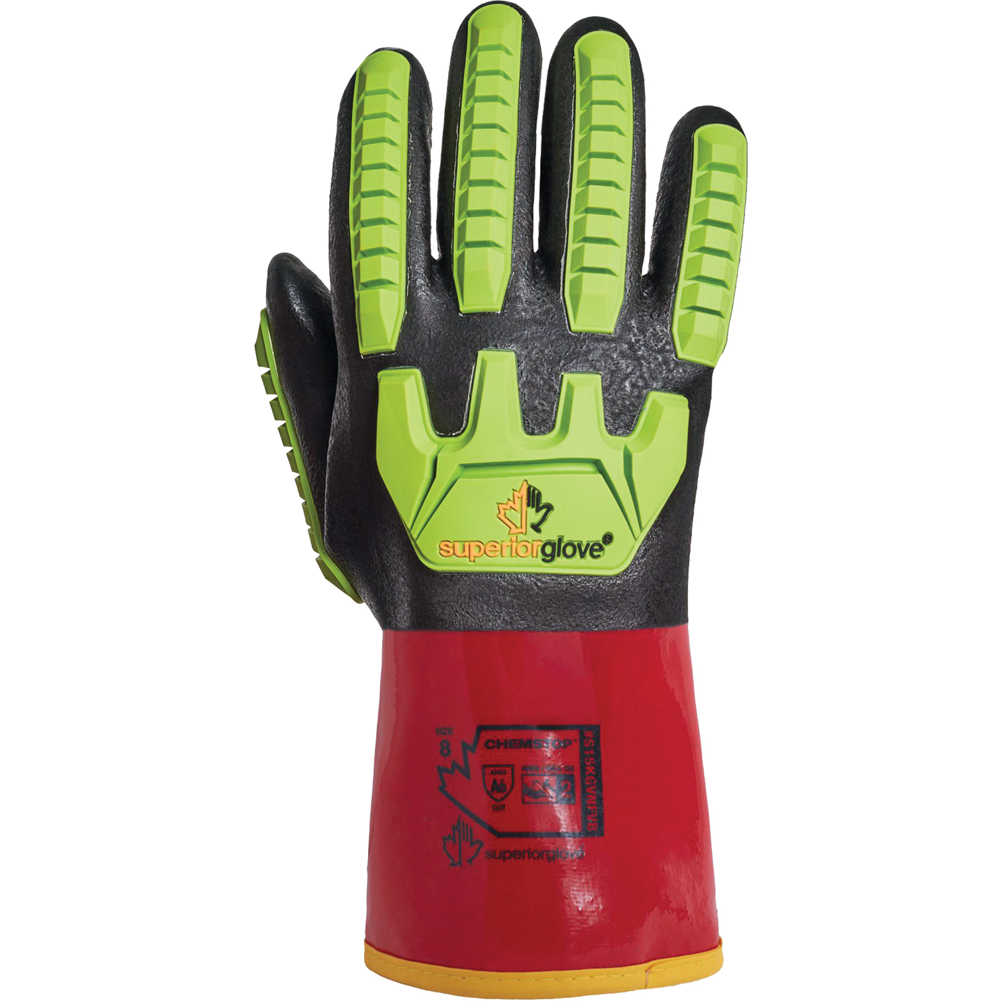 Gants ChemstopMC haute visibilité résistants aux coupures, Taille 2T-Grand/11, Calibre 15, Revêtement PVC/Nitrile, Enveloppe en Aramide, ASTM ANSI niveau A6