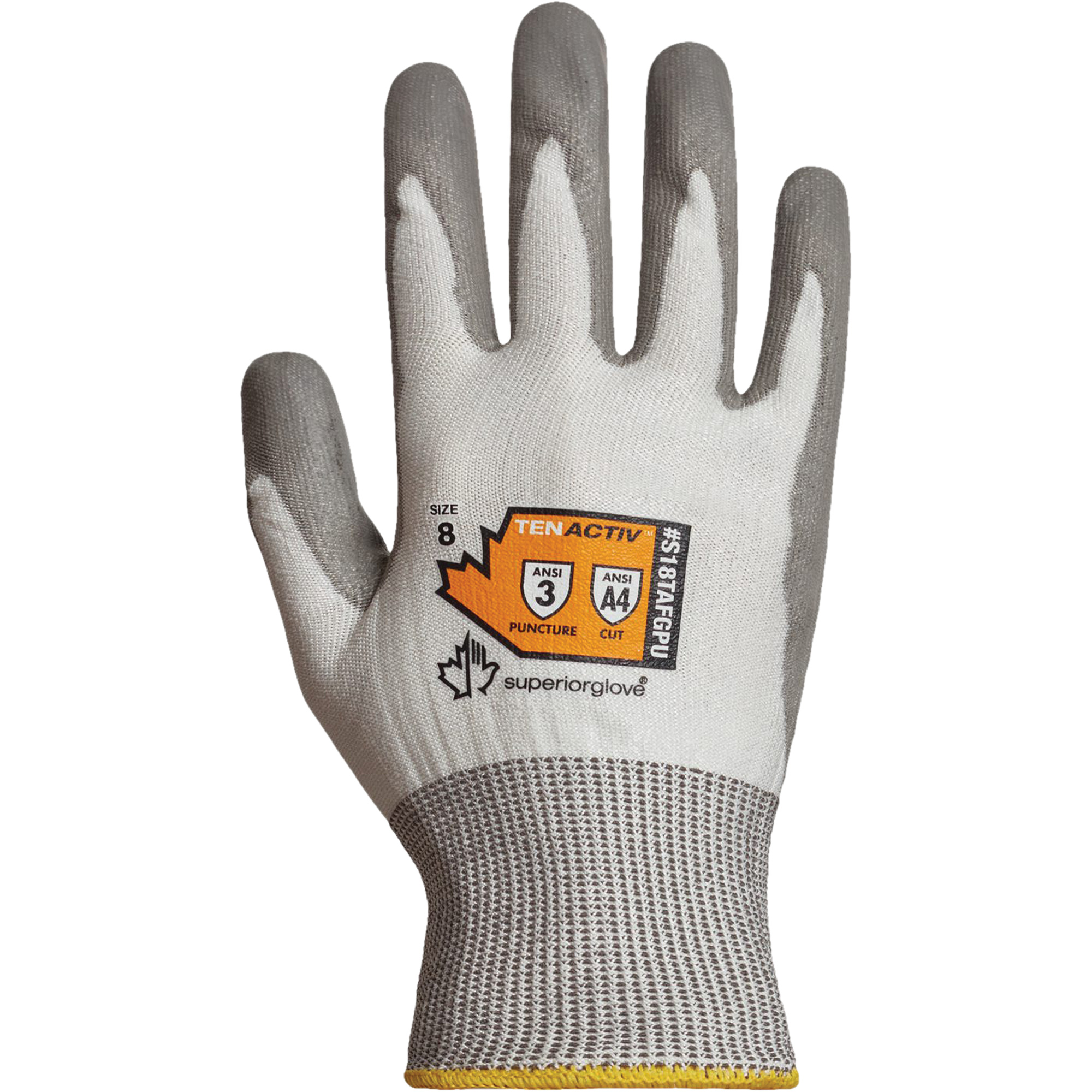 Gants résistant aux coupures, Taille 6, Calibre 18, Revêtement Polyuréthane, Enveloppe en TenActivMC, ASTM ANSI niveau A4