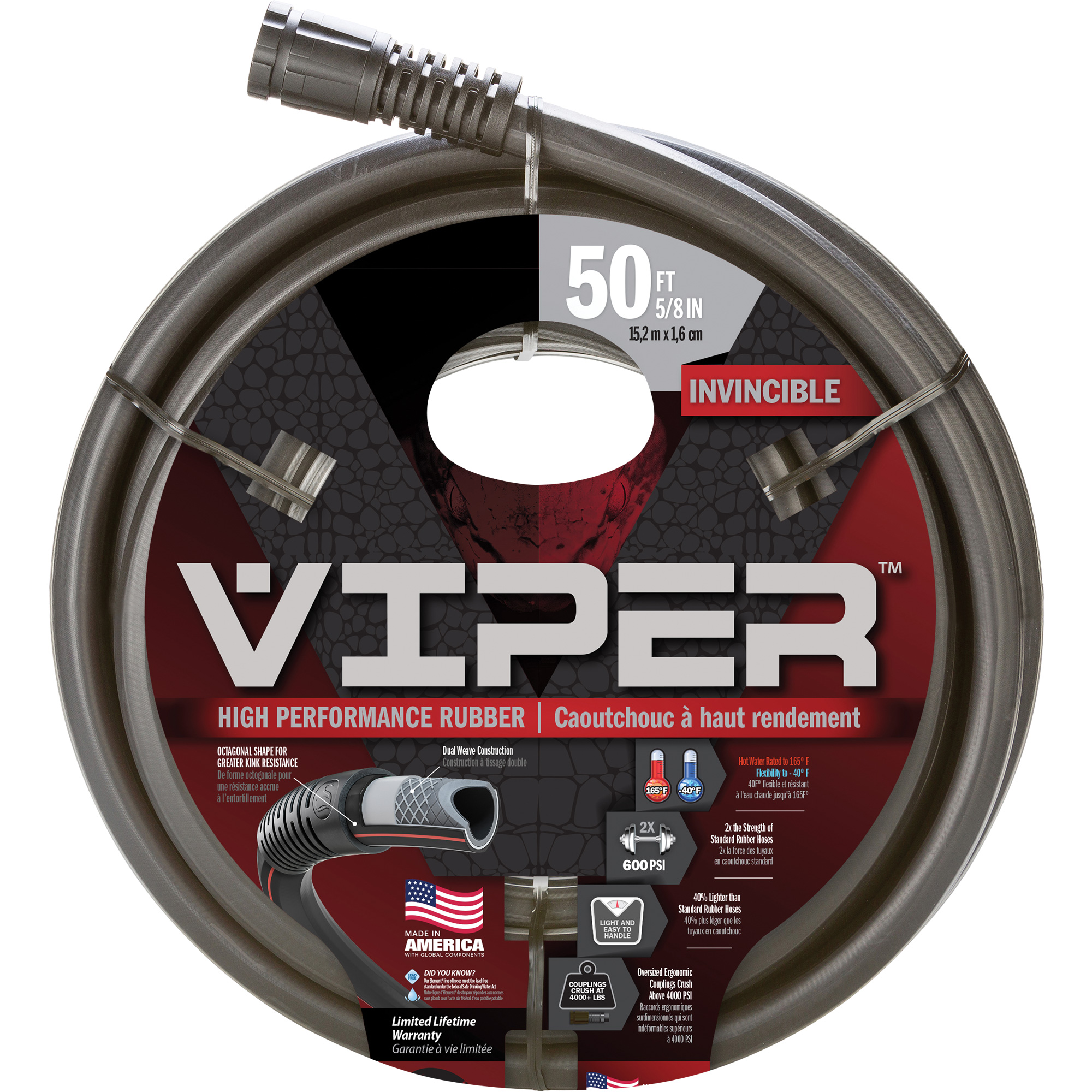 Tuyau haute performance ViperMD, Caoutchouc, 5/8" dia x 50'