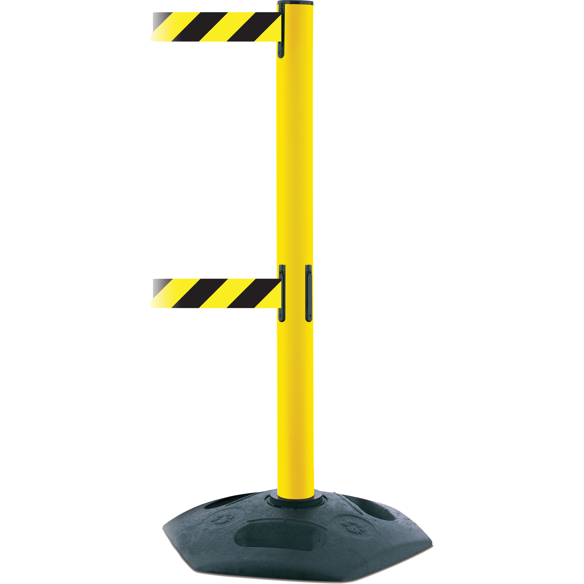 Poteau robuste à ligne double, Plastique, 38" h, Ruban Noir/Jaune, Longueur du ruban 13'