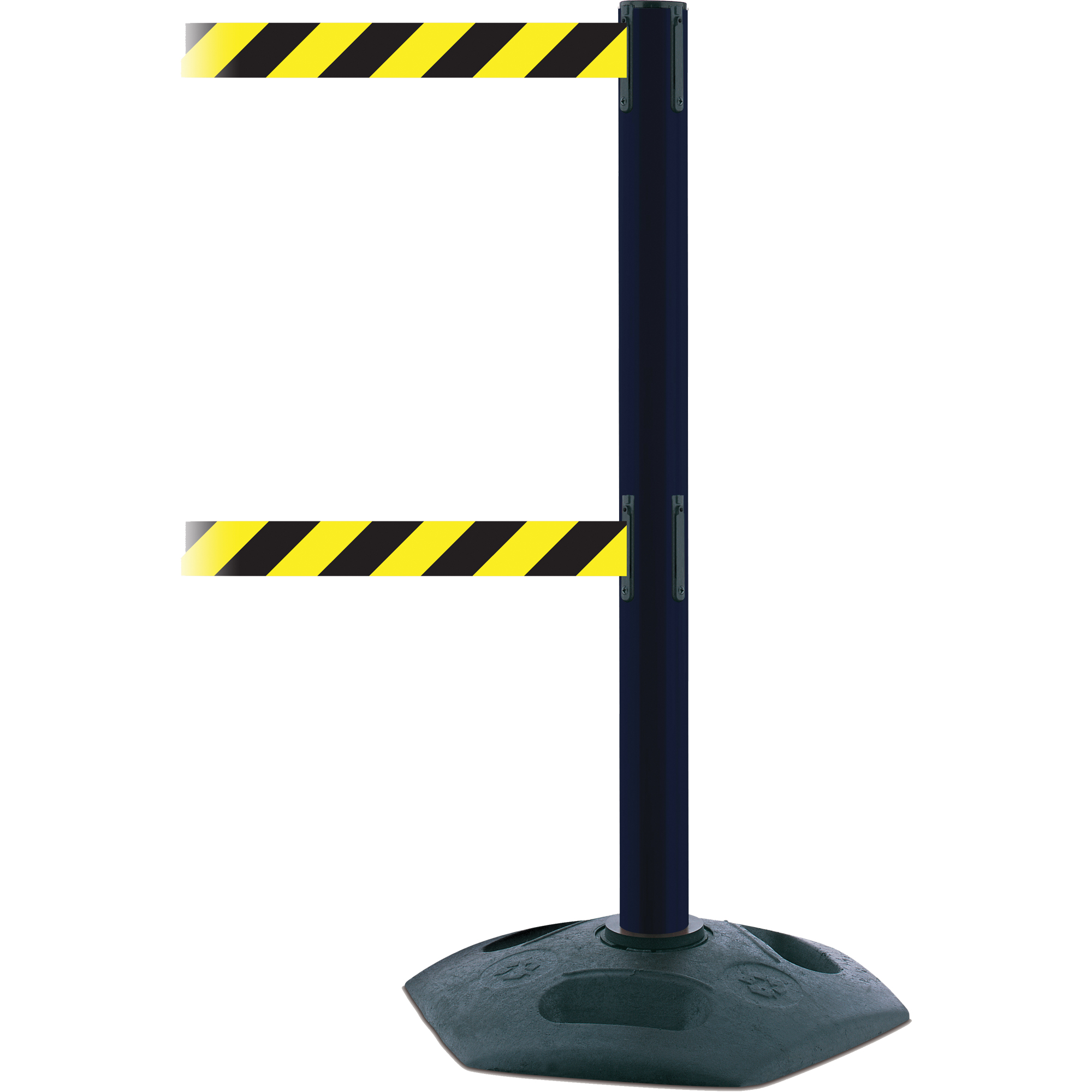 Poteau robuste à ligne double, Plastique, 38" h, Ruban Noir/Jaune, Longueur du ruban 7,5'