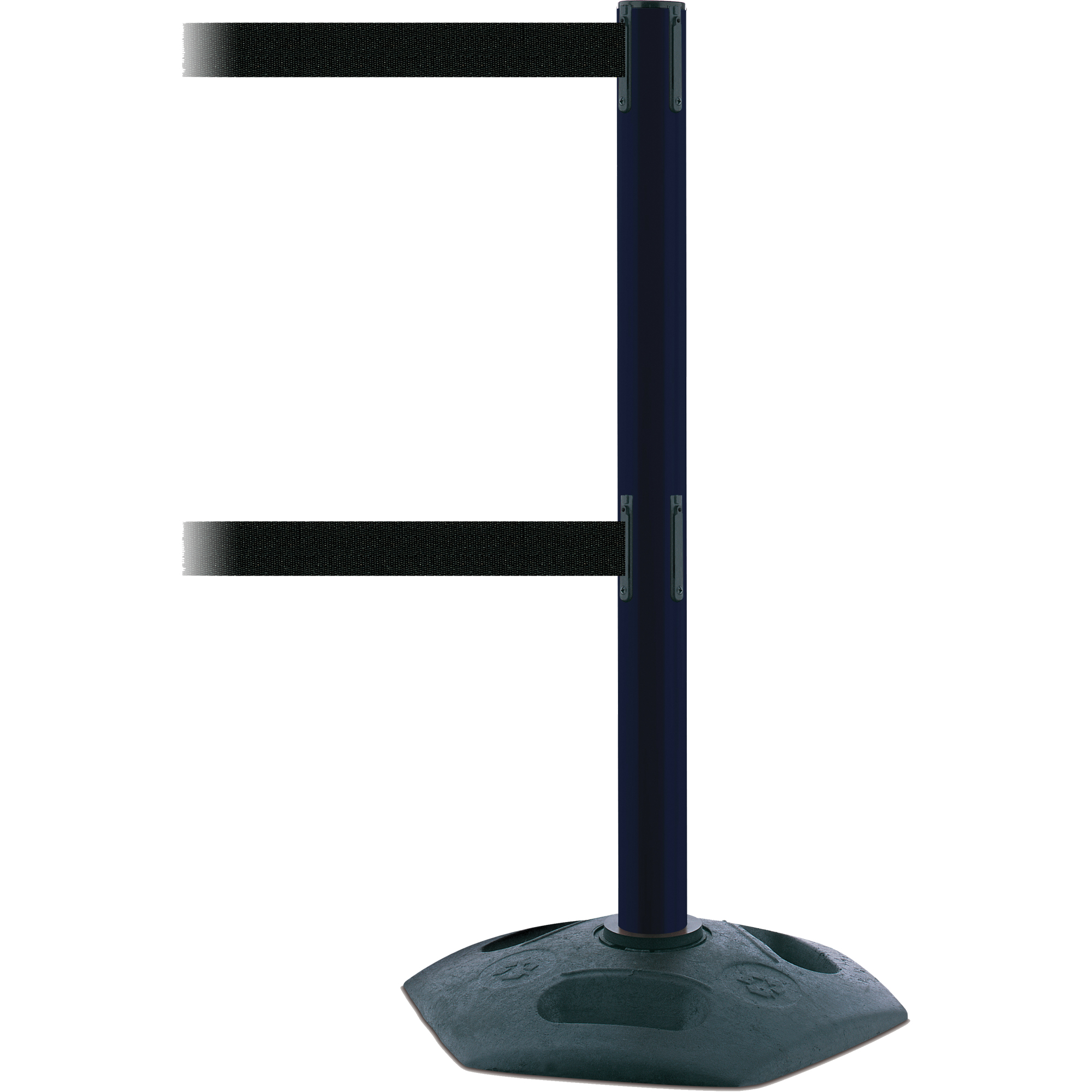 Poteau robuste à ligne double, Plastique, 38" h, Ruban Noir, Longueur du ruban 7,5'