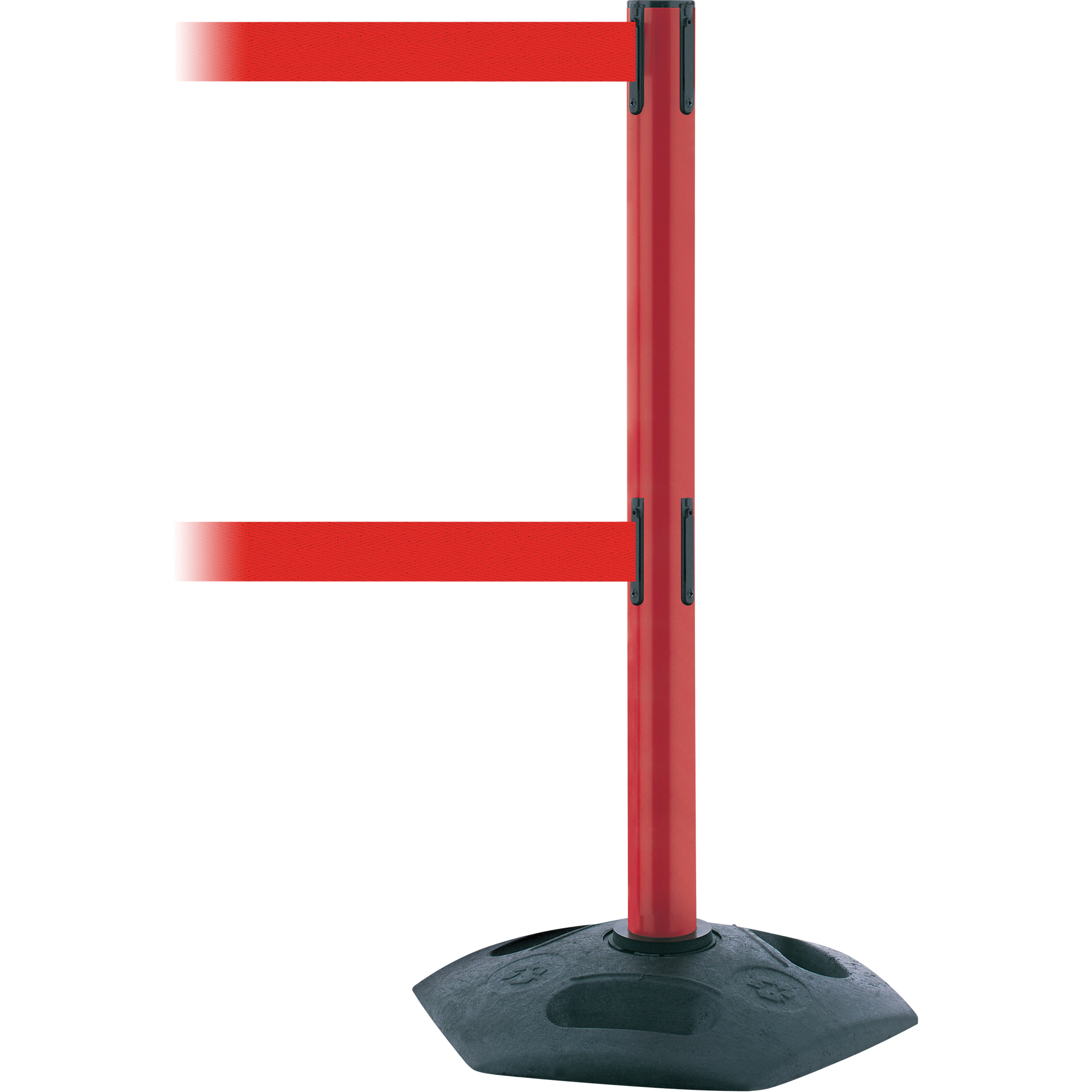Poteau robuste à ligne double, Plastique, 38" h, Ruban Rouge, Longueur du ruban 13'