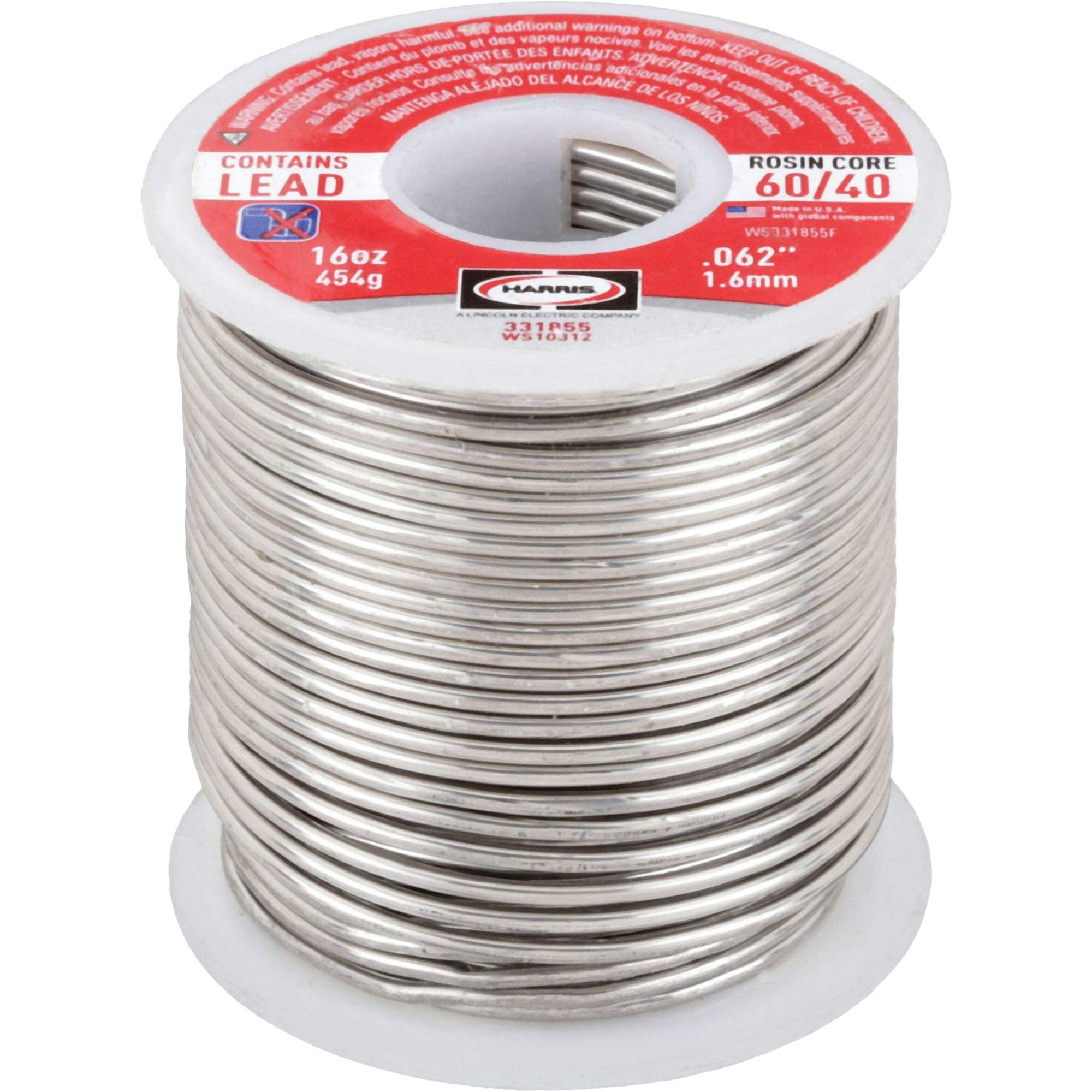 Brasure au plomb 60/40 à noyau de colophane, À base de plomb, 60 % d'étain, 40 % de plomb, âme Colophane, dia. 1/16"