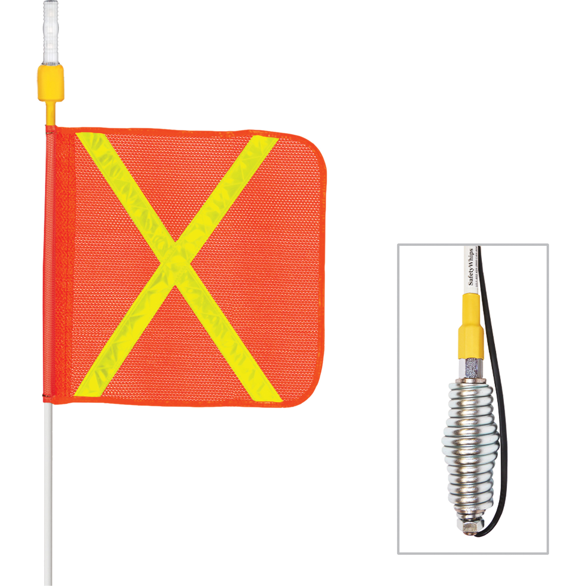 Tiges de sécurité tout-temps de série lourde avec lumière DEL constante Safety WhipMD, Fixation Ressort, Hauteur 5', Orange avec X réfléchissant