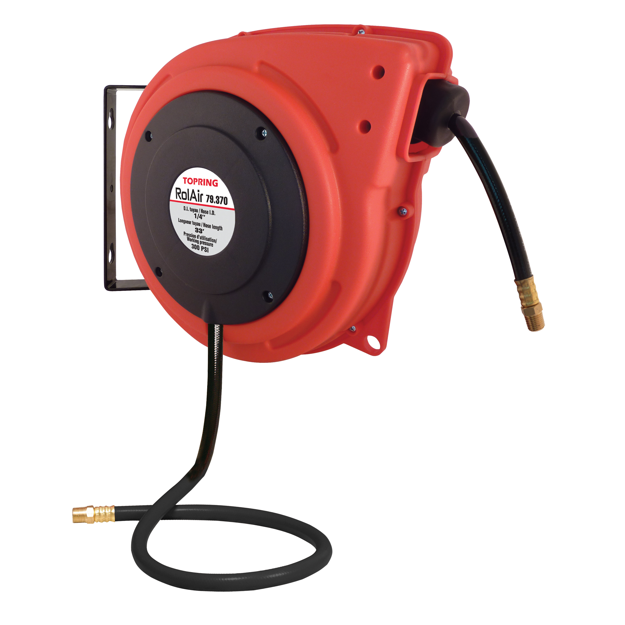 Dévidoir à enroulement automatique Rolair avec tuyau en PVC, Air, 1/4" x 33', Tuyau simple, 300 psi