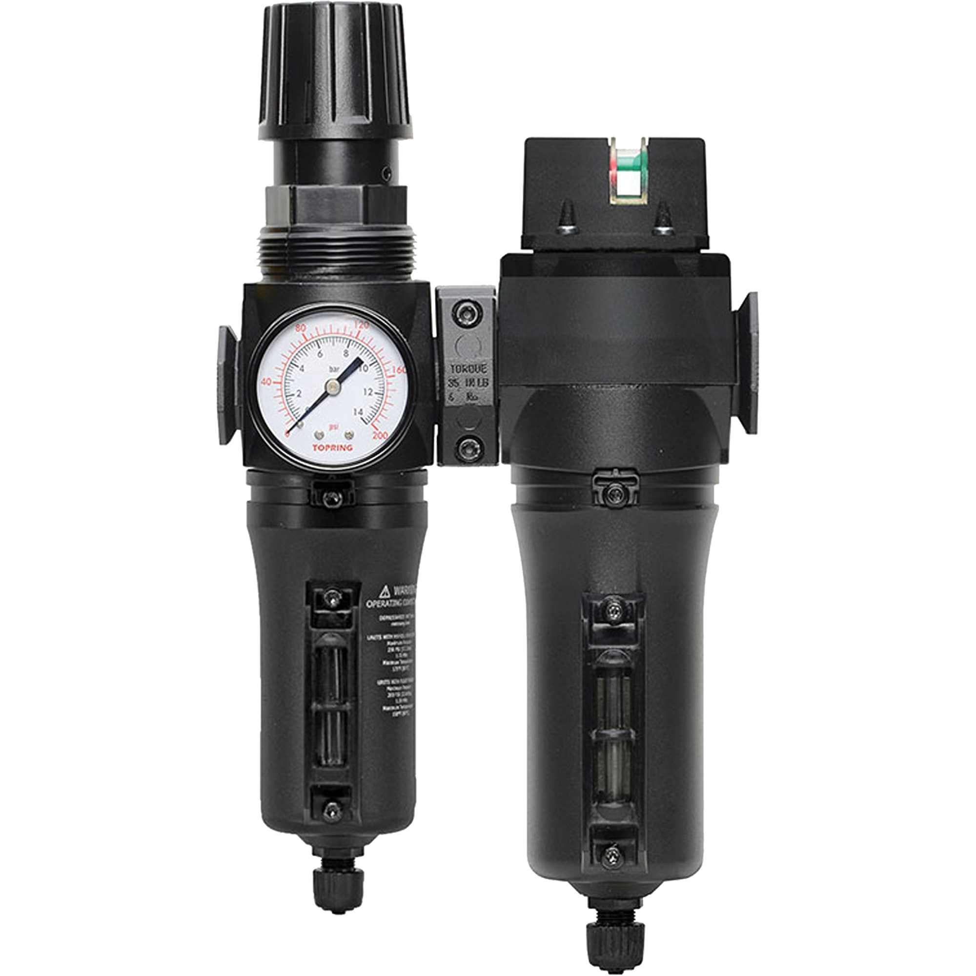 Filtre/régulateur + filtre coalescent drain manuel avec bol en métal Modulair 300, 1/4" NPT, 250 PSI, Capacité de 5,1 oz liq.