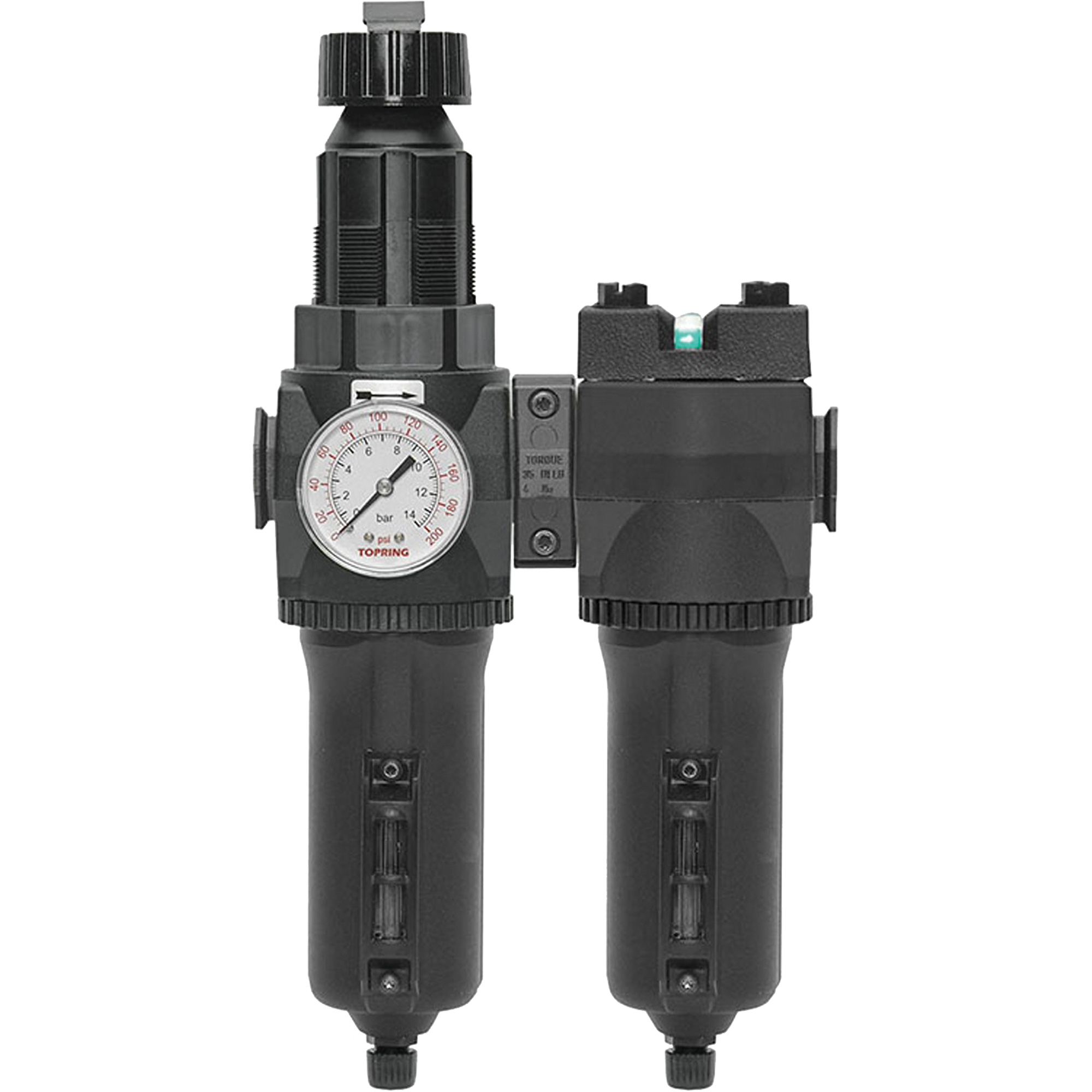 Filtre/régulateur + filtre coalescent drain manuel avec bol en métal Modulair 400, 1/4" NPT, 200 psi, Capacité de 9,1 oz liq.