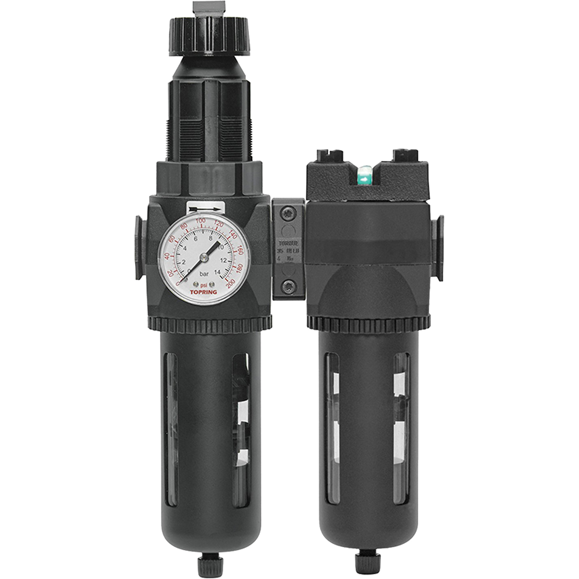 Filtre/régulateur + filtre coalescent drain manuel avec bol standard Modulair 400, 1/4" NPT, 150 psi, Capacité de 9,1 oz liq.