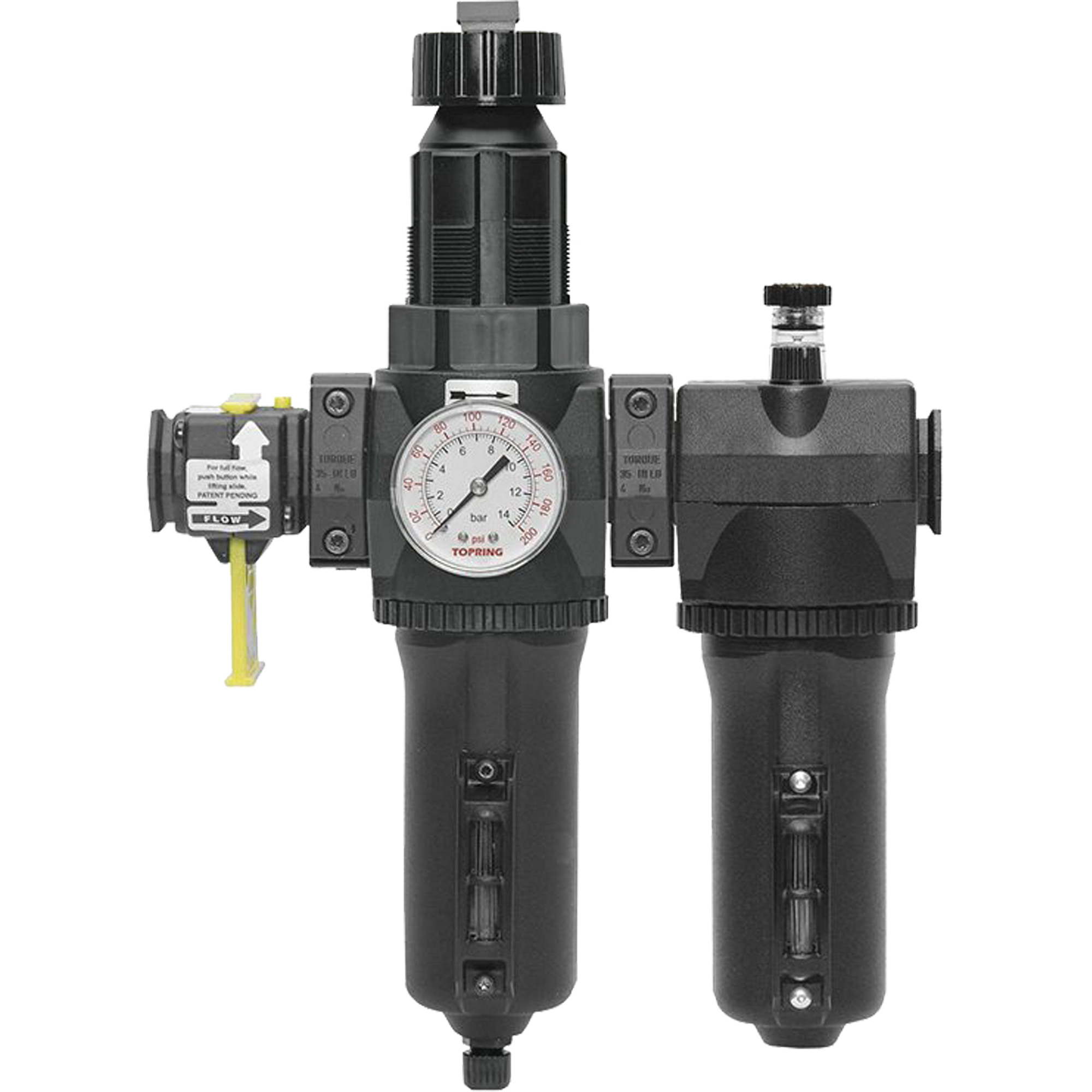Filtre + régulateur + lubrificateur à drain manuel avec bol standard et manomètre Modulair 400, 3/4" NPT