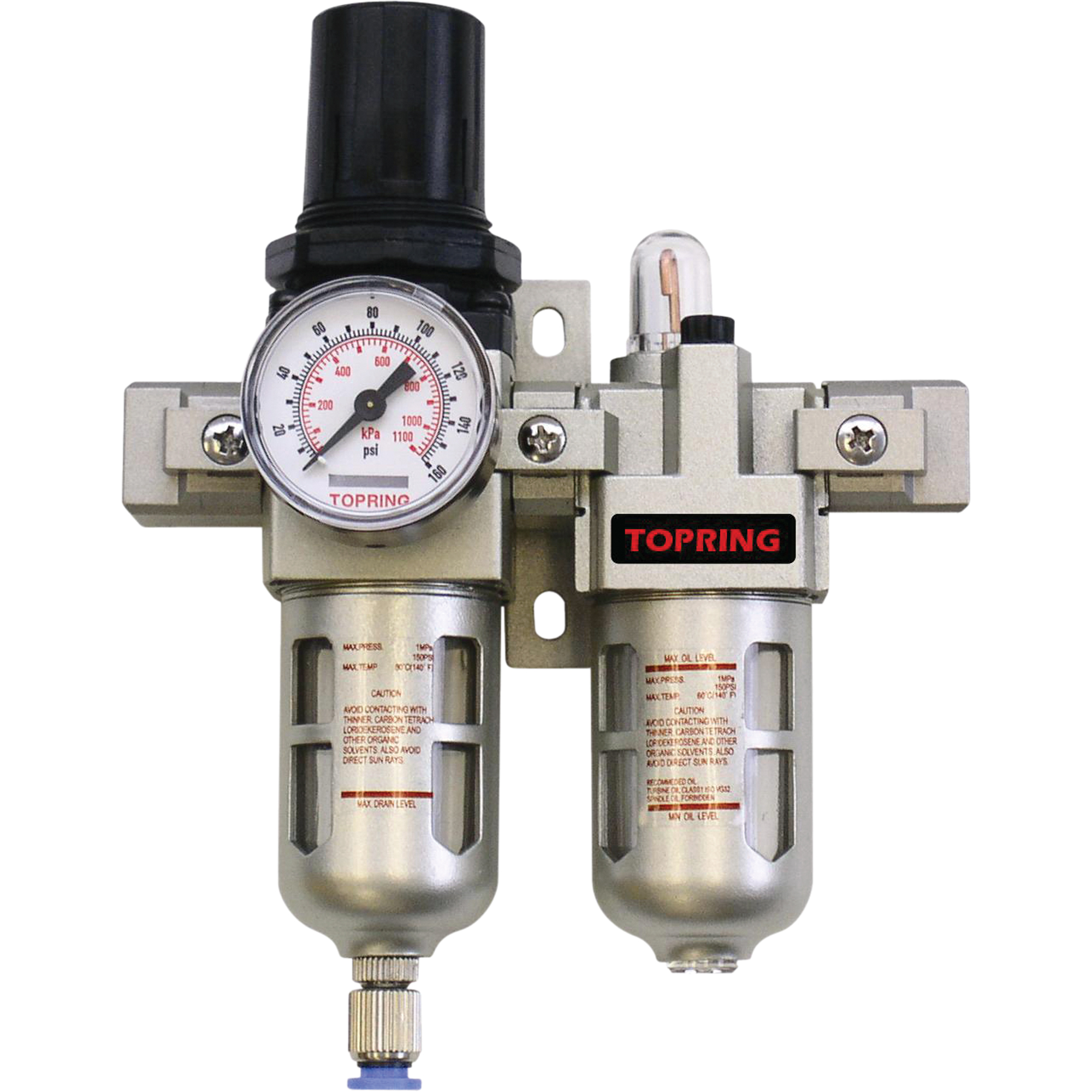 Unités combinées compactes Airflo, filtre/régulateur + lubrificateur + manomètre, 1/4" NPT, PSI max. de 150 psi, Modulaire