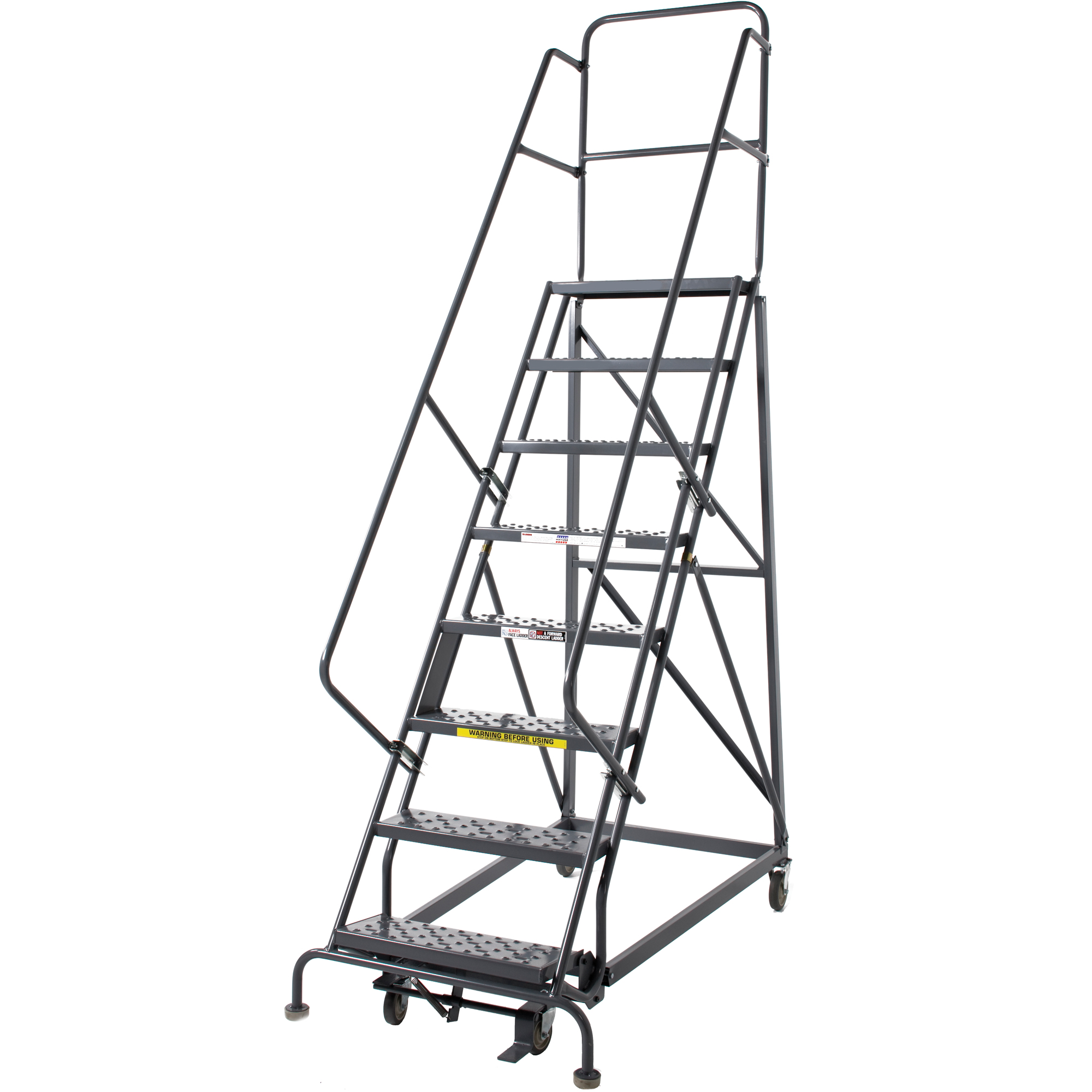 Échelles roulantes robustes, 8 marches, Largeur de la marche 24", Hauteur de la plateforme 80", Acier