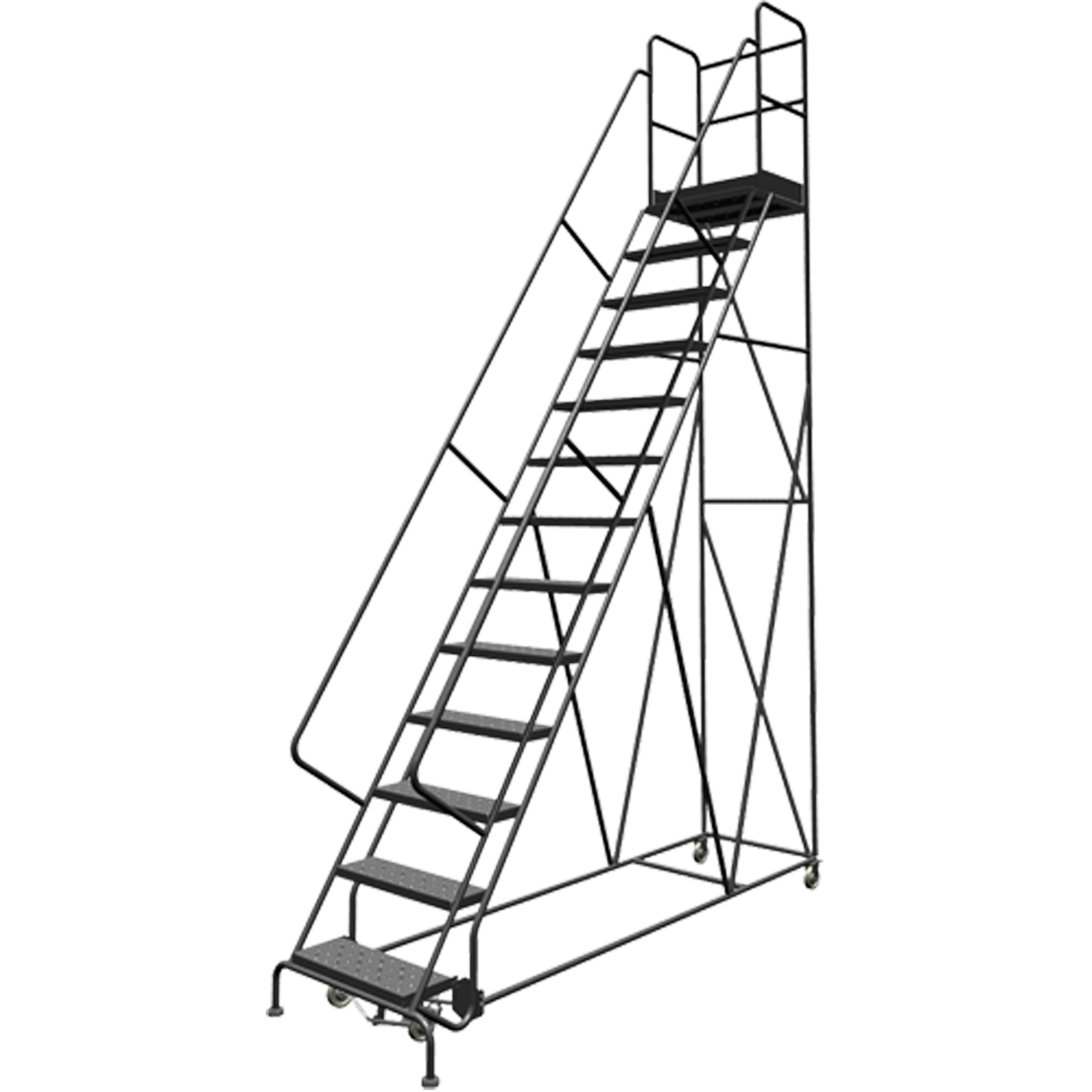 Escabeaux roulants à dessus profond, 13 marches, Largeur de la marche 24", Hauteur de la plateforme 130", Acier
