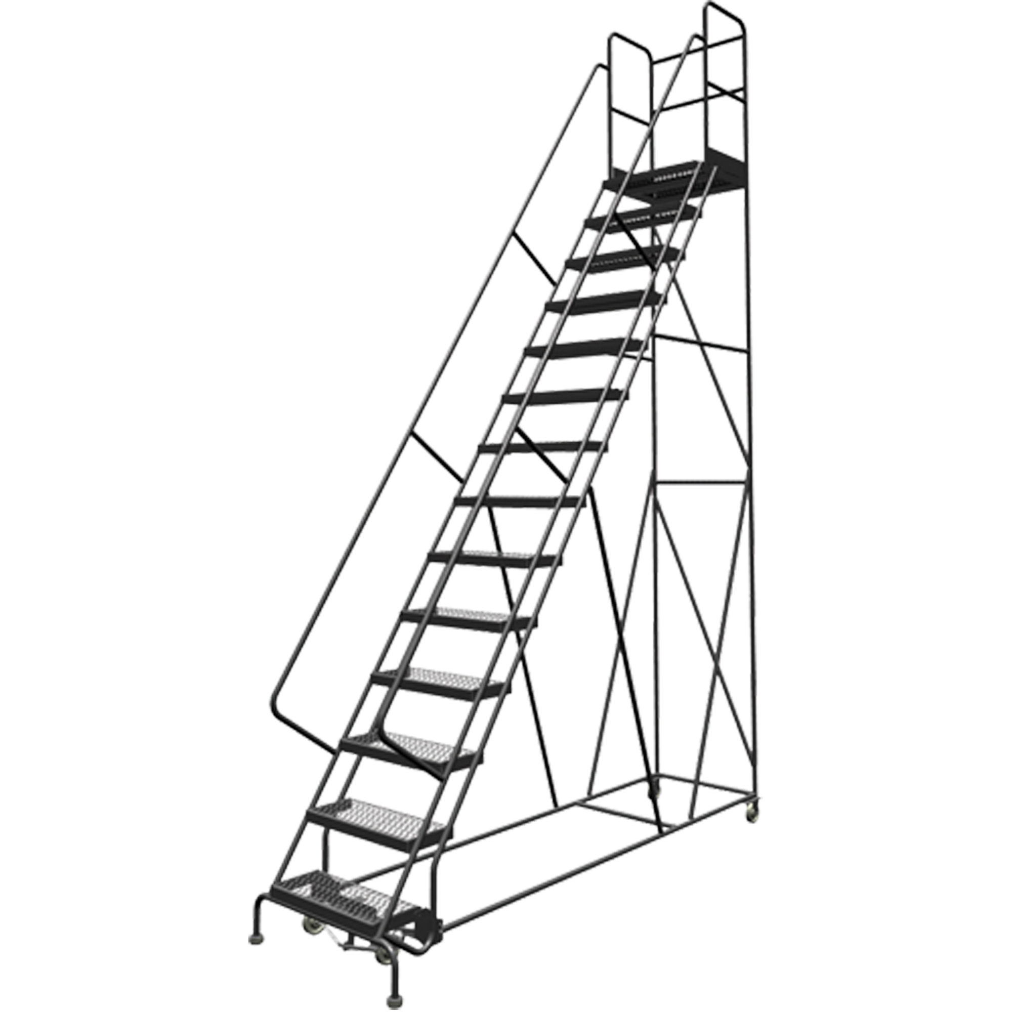 Escabeaux roulants à dessus profond, 14 marches, Largeur de la marche 24", Hauteur de la plateforme 140", Acier