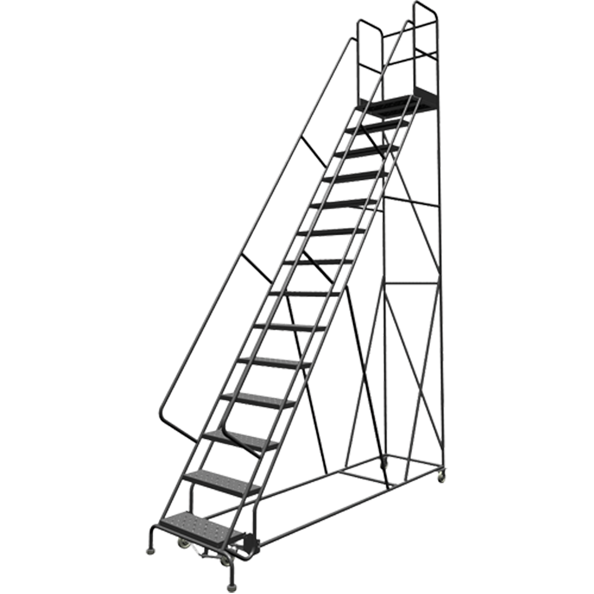 Escabeaux roulants à dessus profond, 14 marches, Largeur de la marche 24", Hauteur de la plateforme 140", Acier