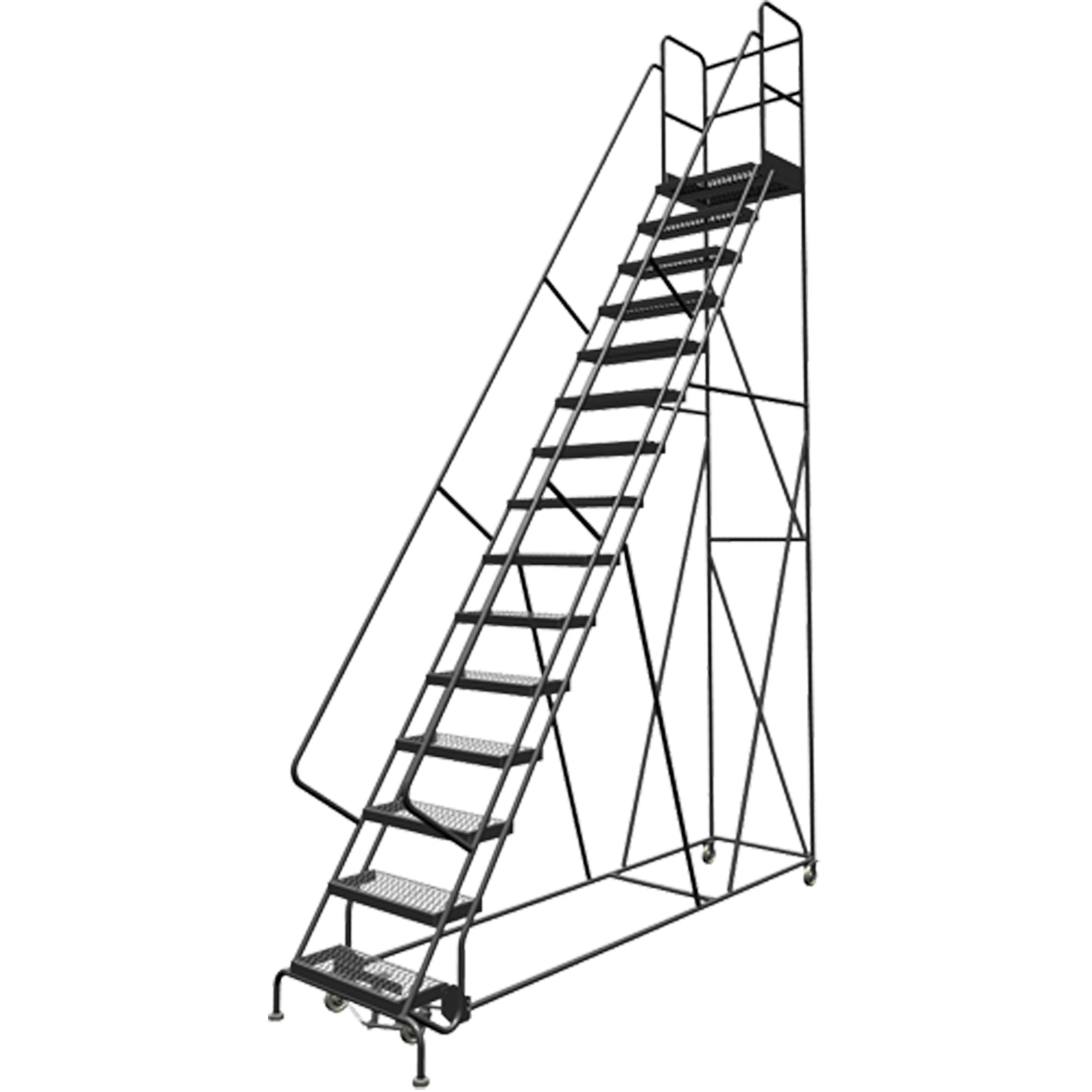 Escabeaux roulants à dessus profond, 15 marches, Largeur de la marche 24", Hauteur de la plateforme 150", Acier
