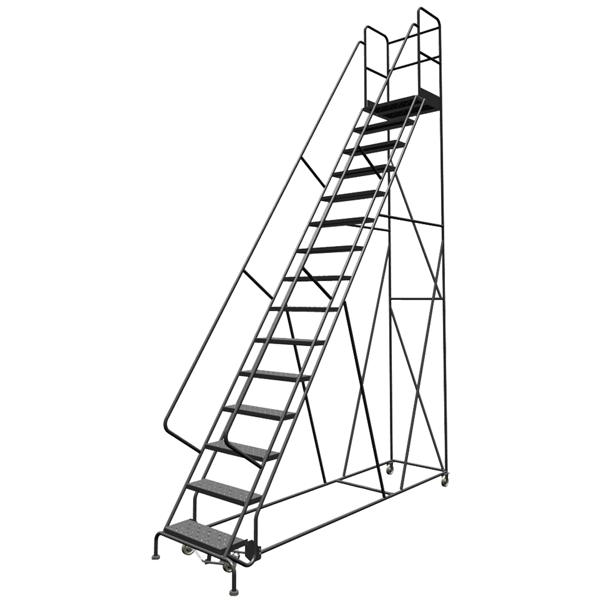 Escabeaux roulants à dessus profond, 15 marches, Largeur de la marche 24", Hauteur de la plateforme 150", Acier