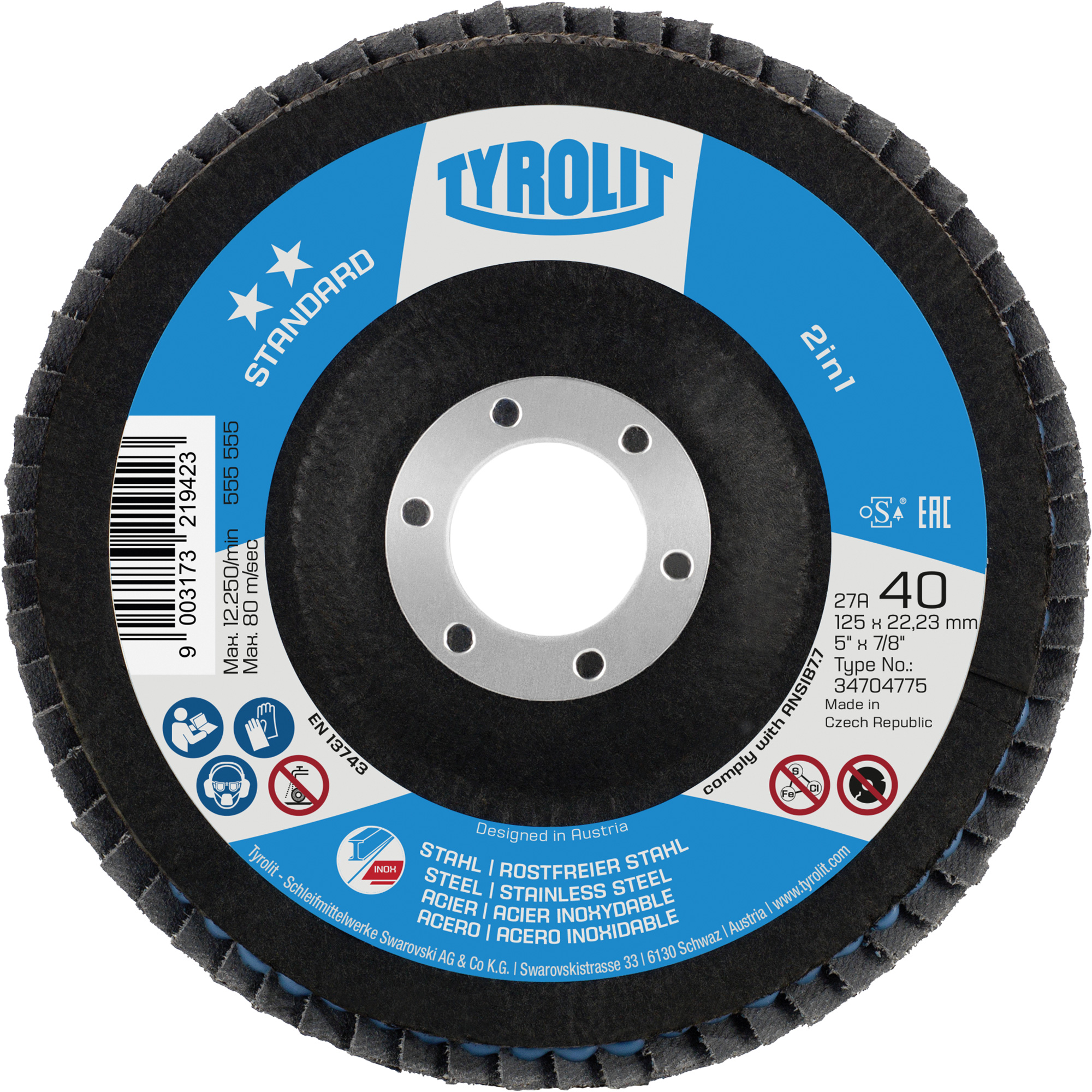 Disque à lamelles 2-en-1 standard ZA 40 - B425, 5" x 7/8", Type 27A, Grain 40, Alumine de zirconium