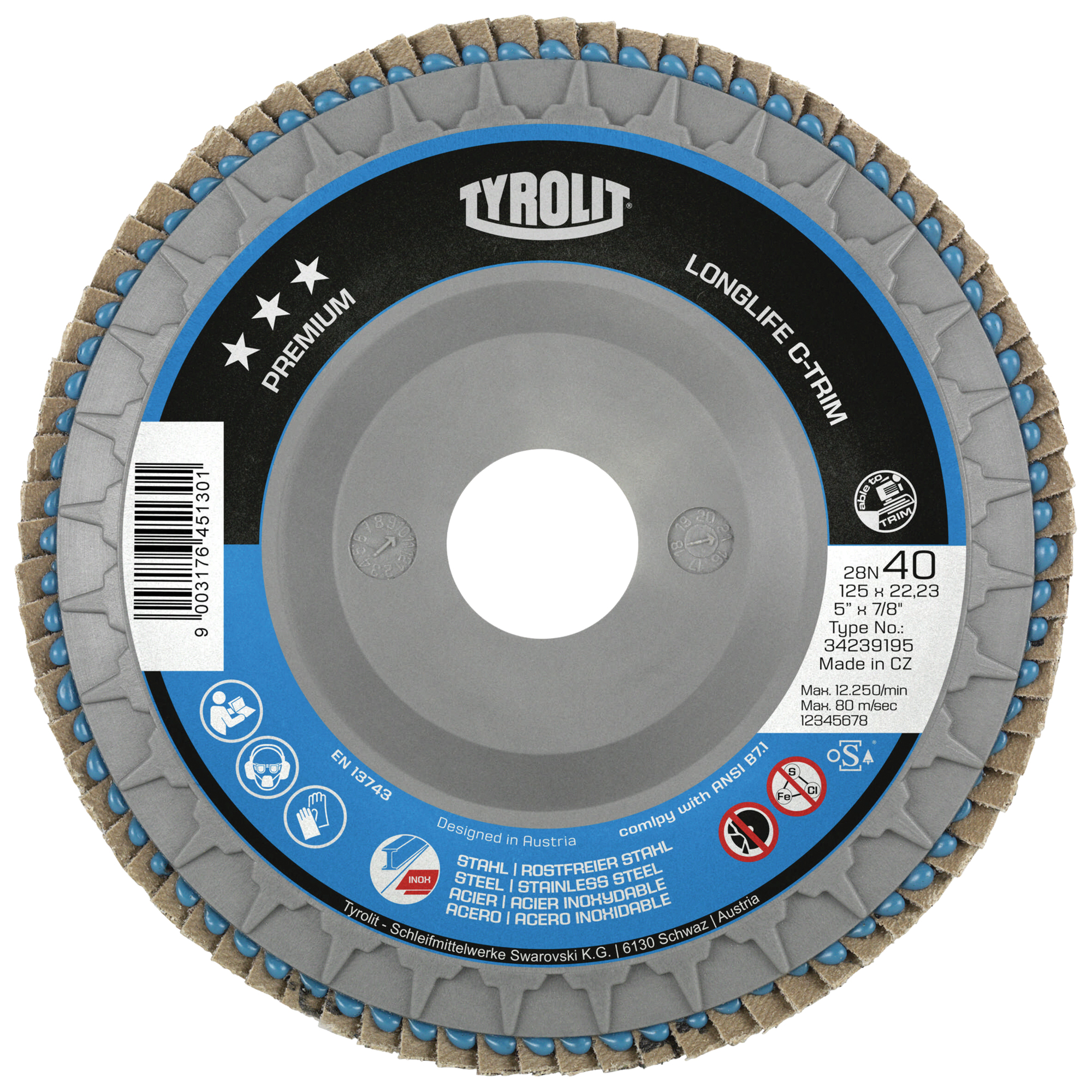 Disque à lamelles C-Trim robuste, 6" x 7/8", Type 29, Grain 120, Zirconium