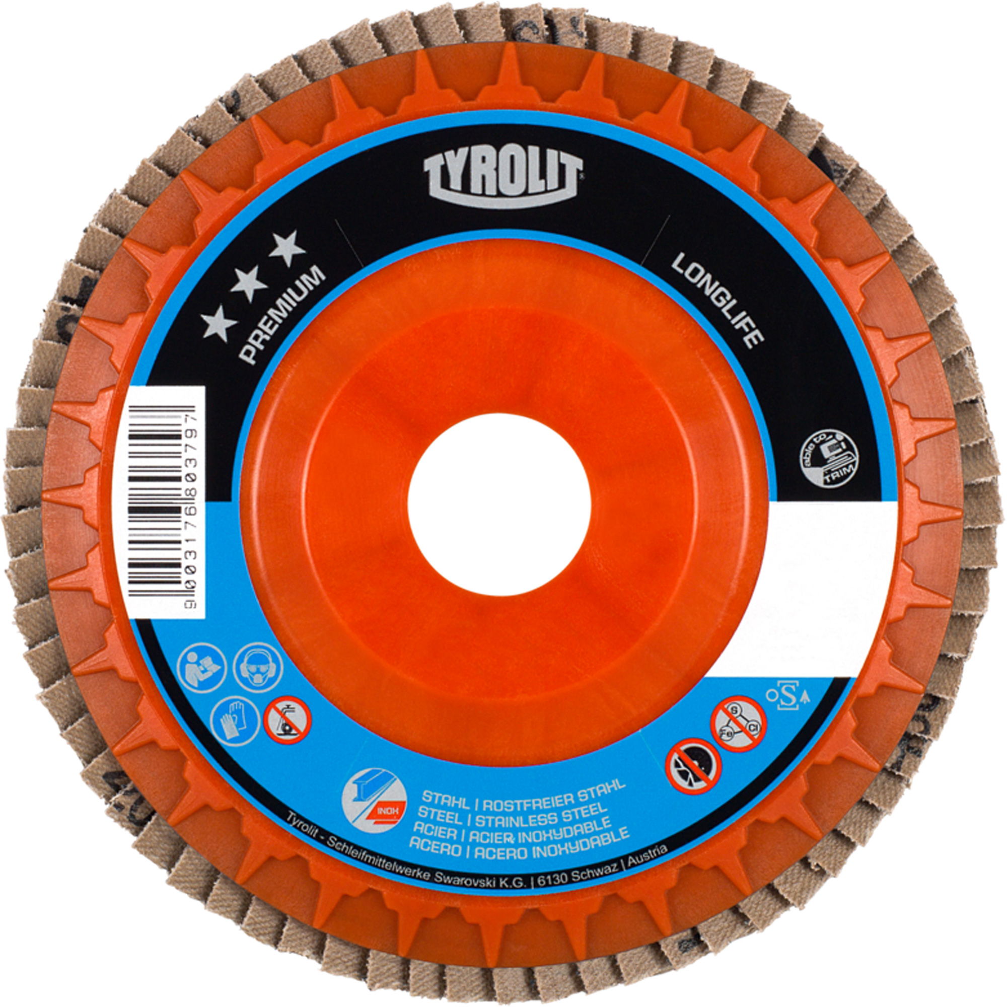 Disque à lamelles de première qualité LongLife, 5" x 7/8", Type 27, Grain 120, Zirconium