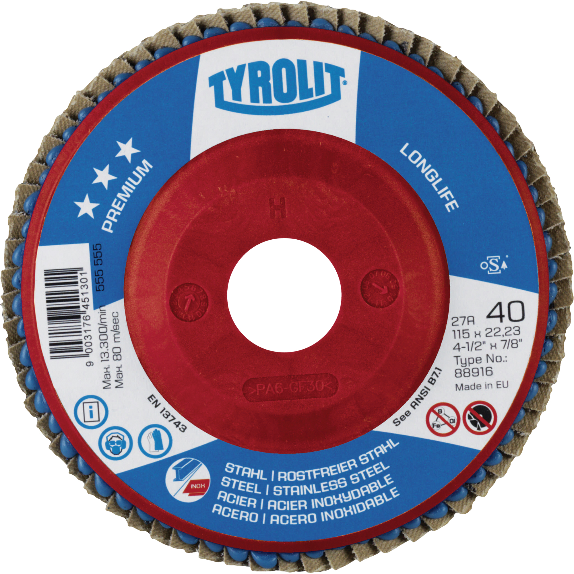 Disque à lamelles Long Life 4-1/2", 4-1/2" x 7/8", Type 27, Grain 40, Zirconium