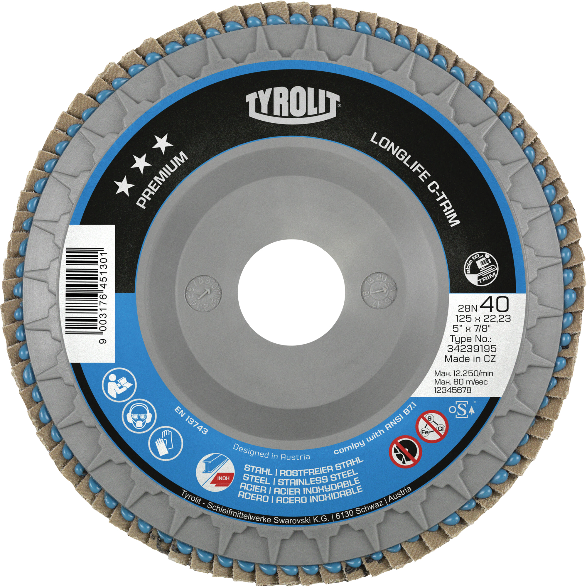 Disque à lamelles Long Life C-Trim, 4-1/2" x 7/8", Type 29, Grain 60, Zirconium