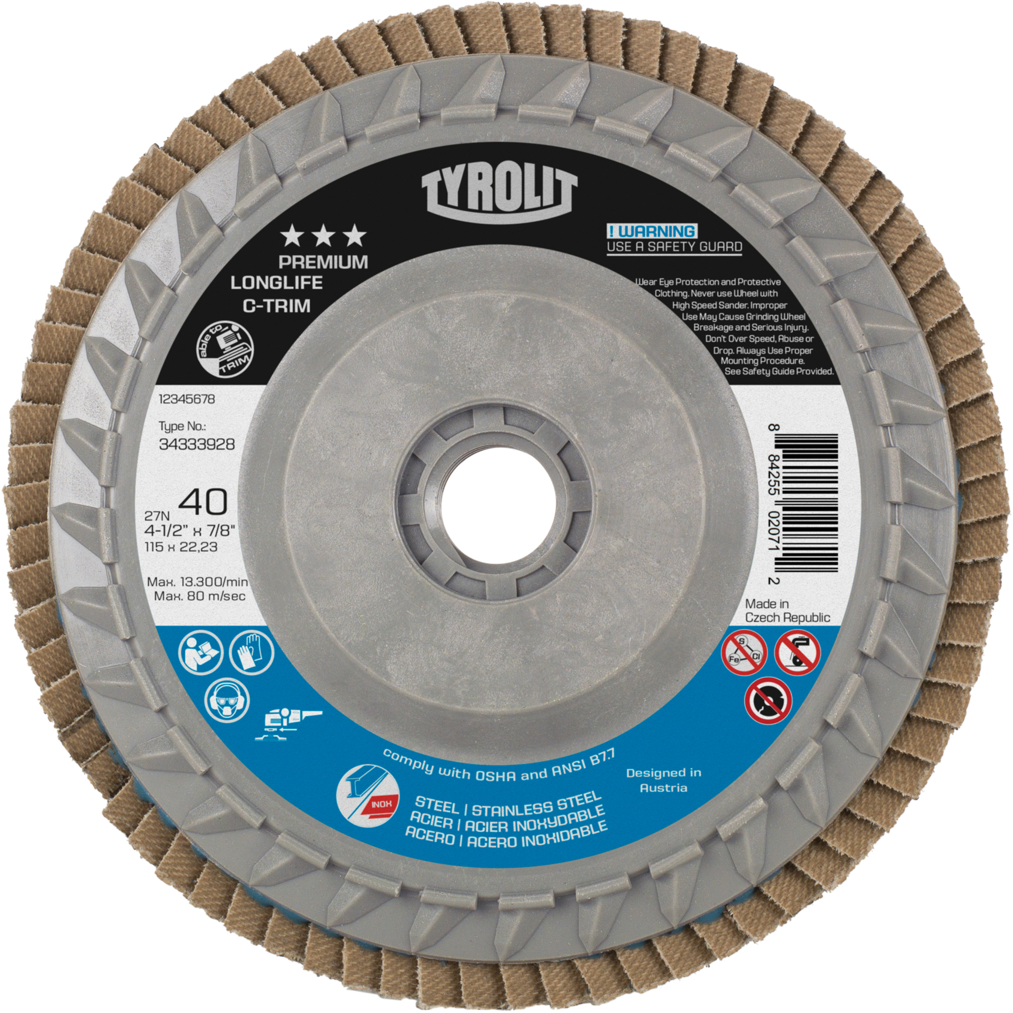Disque à lamelles Long Life C-Trim, 5" x 5/8"-11, Type 27, Grain 120, Alumine de zirconium