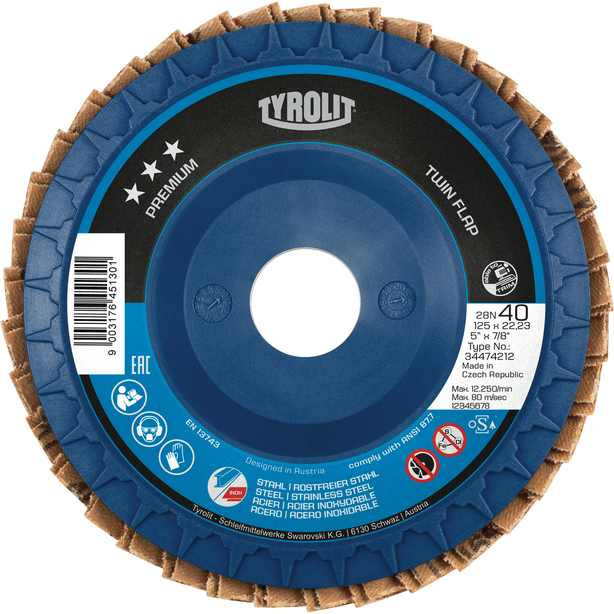 Disque à lamelles Twin Flap, 4-1/2" x 7/8", Type 27, Grain 60, Céramique/Alumine de zirconium