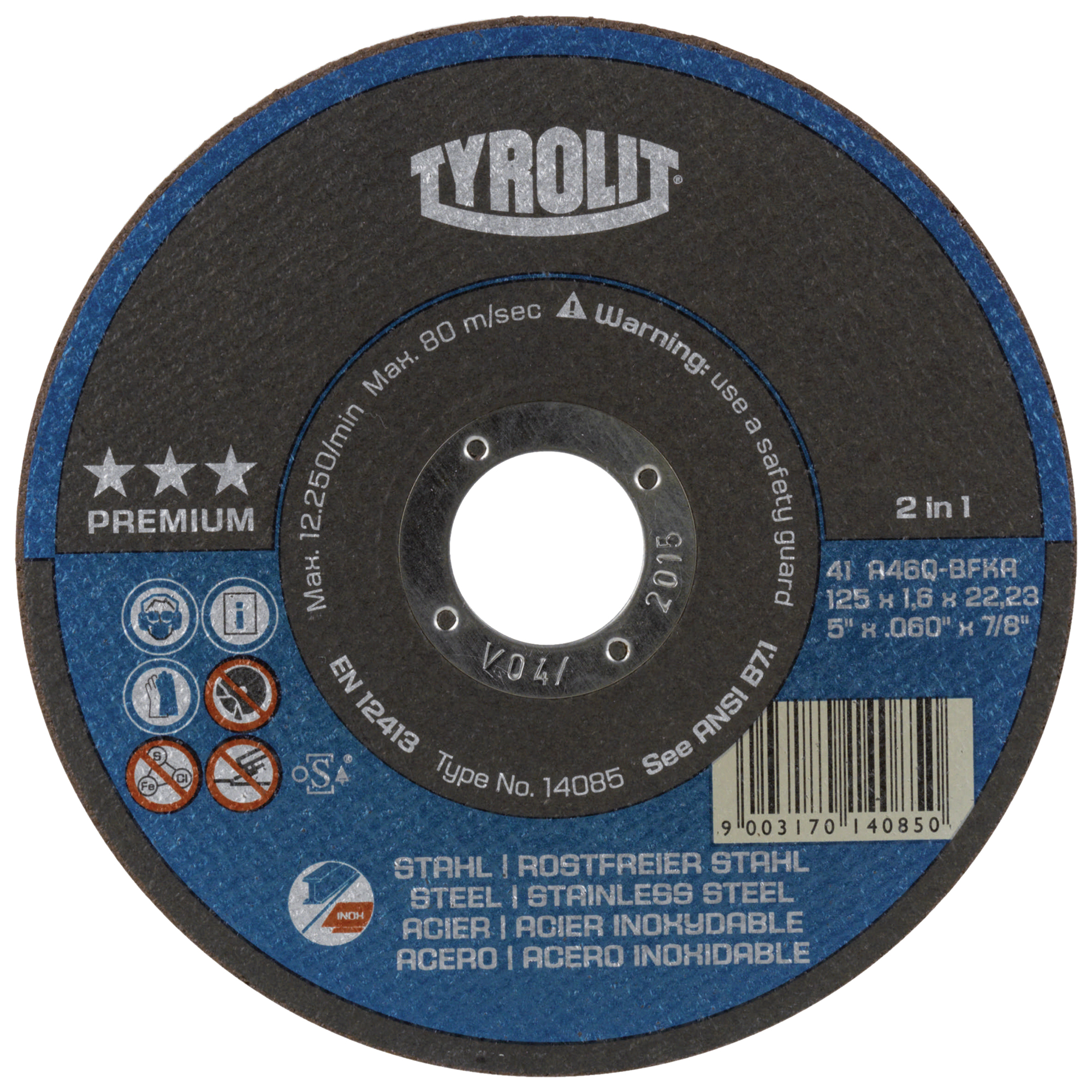 Disque de coupe, 5" x 1/16", Arbre de 7/8", Type 27, Oxyde d'aluminium, 12250 Tr/min