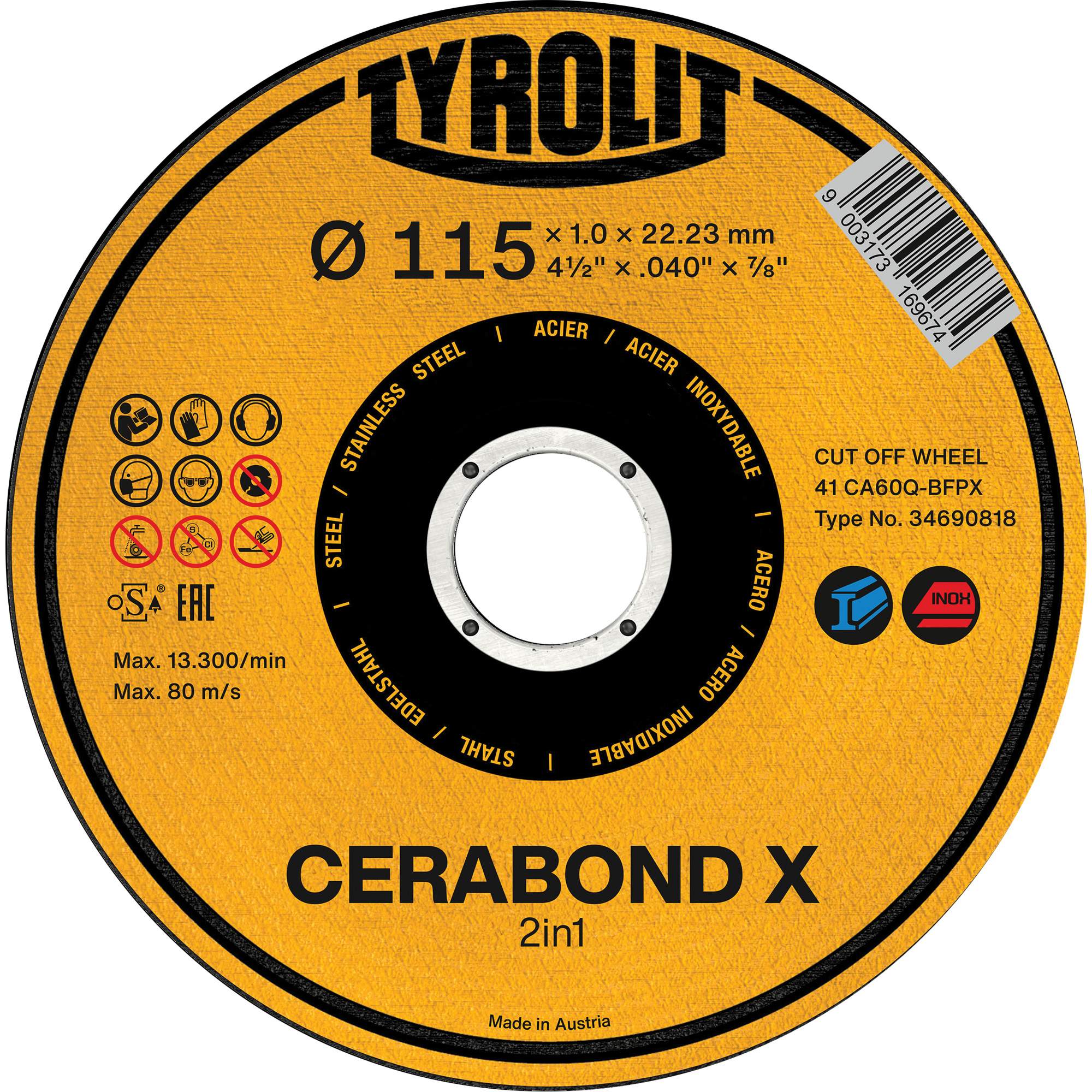 Meule à tronçonner CA60Q-BFPX CERABOND X, 4-1/2" x 0,039", Arbre de 7/8", Type 1