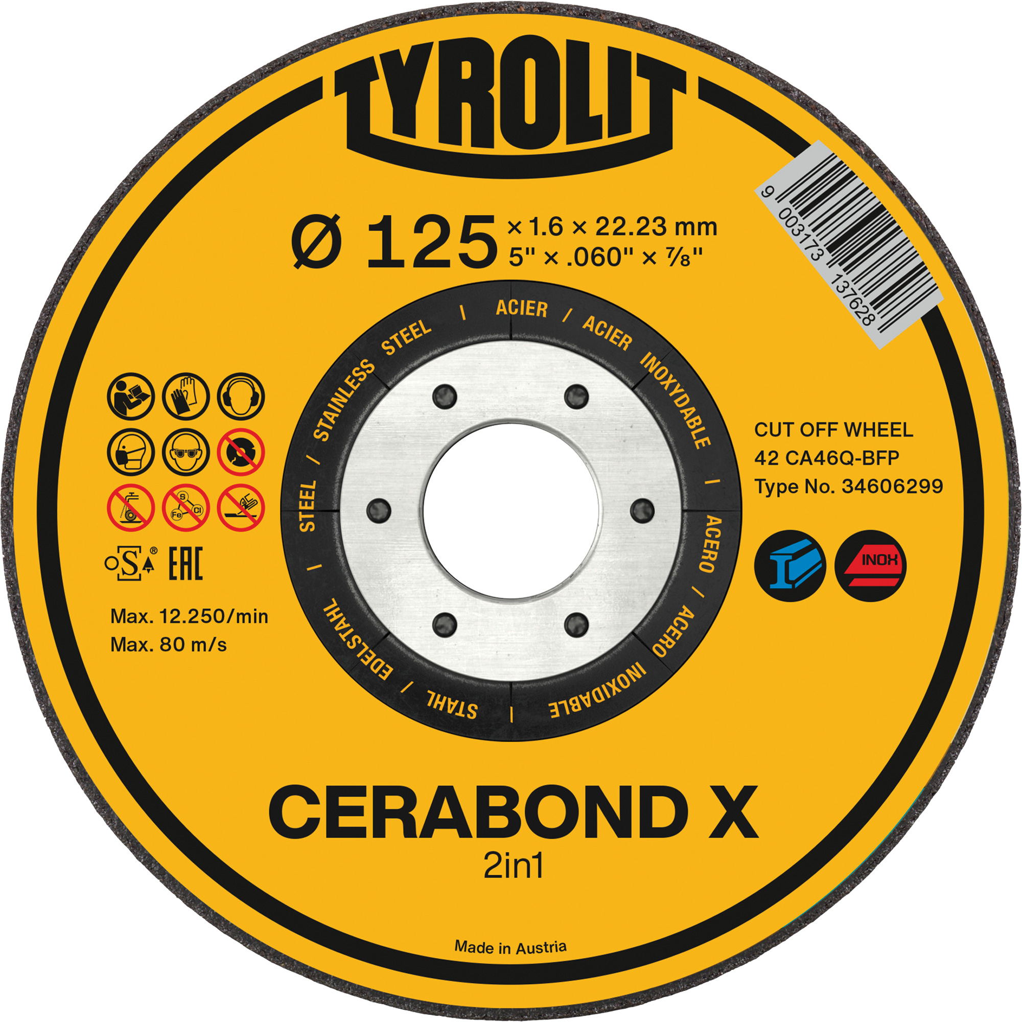 Meule à tronçonner pour acier et acier inoxydable CERABOND X, 4-1/2" x 0,45", Arbre de 7/8", Type 1, Céramique, 12250 Tr/min