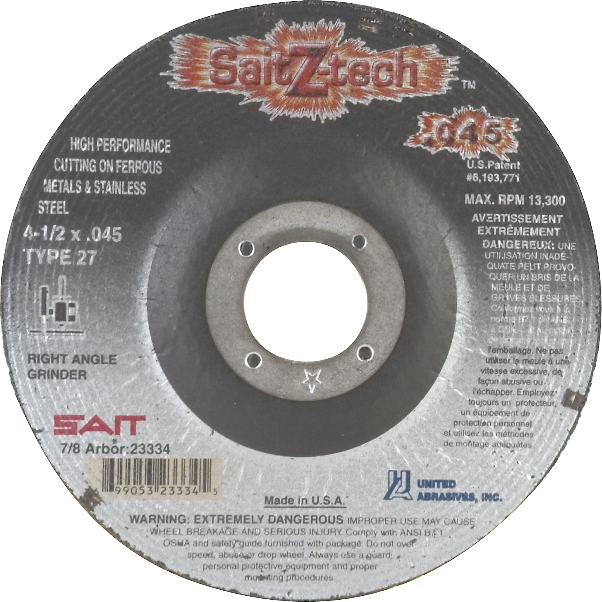 Disque de coupe Z-Tech, 4-1/2" x 0,045", Arbre de 7/8", Type 27, Zirconium, 13 300 Tr/min
