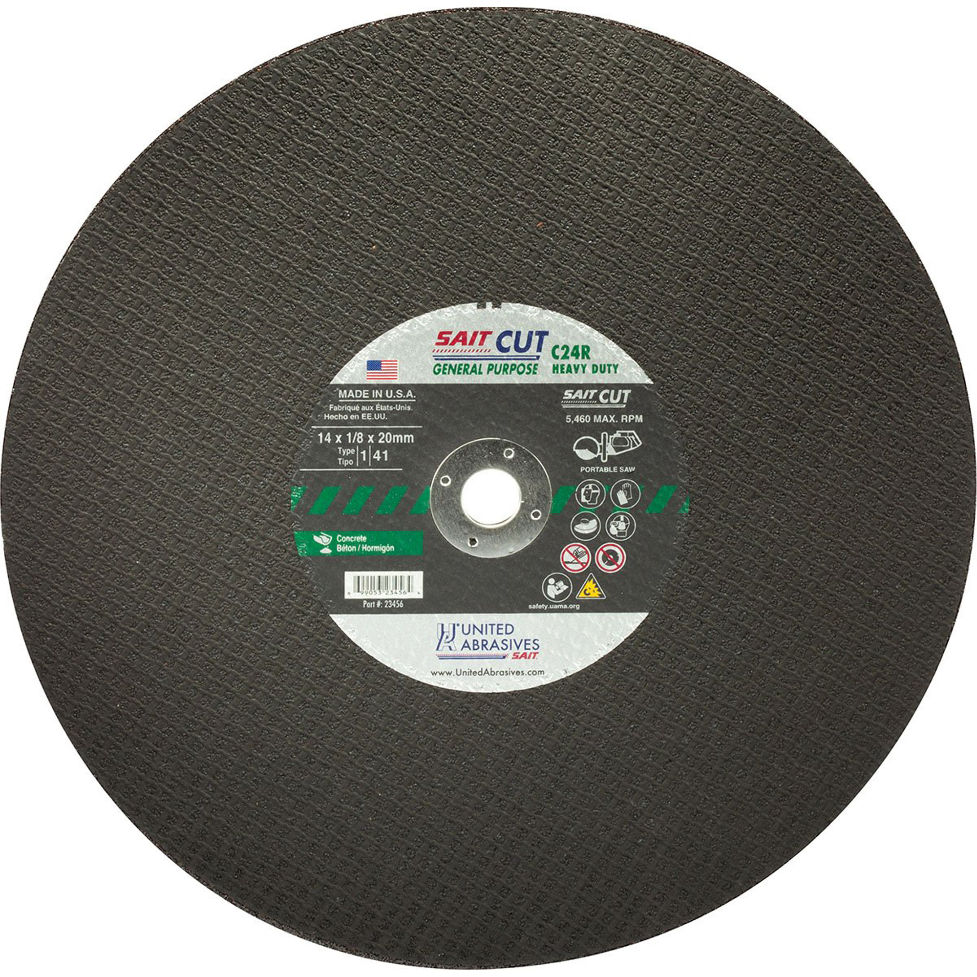Meule à tronçonner haute vitesse pour le béton C24R, 12" x 1/8", Arbre de 25/32", Type 1, Carbure de silicium, 6300 Tr/min