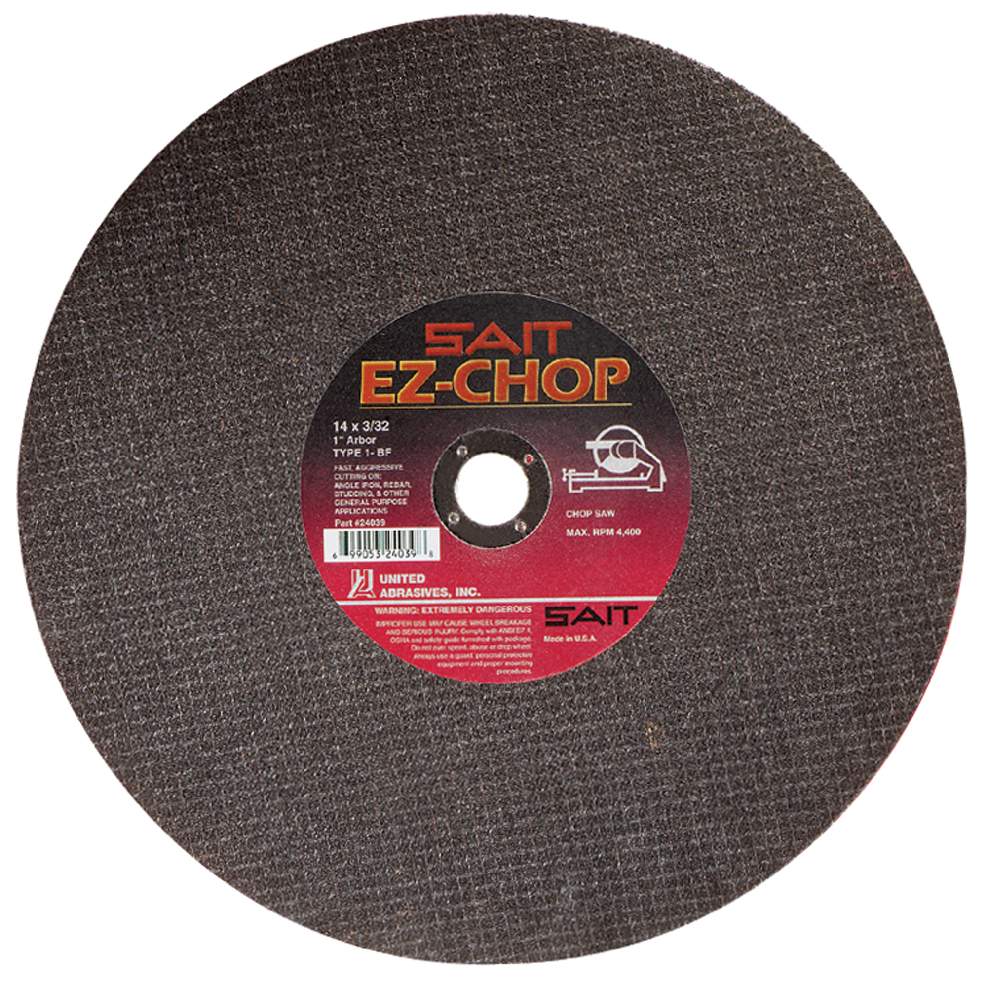 Meule à tronçonner EZ-ChopMD, 14" x 3/32", Arbre de 1", Type 1, Oxyde d'aluminium, 4400 Tr/min