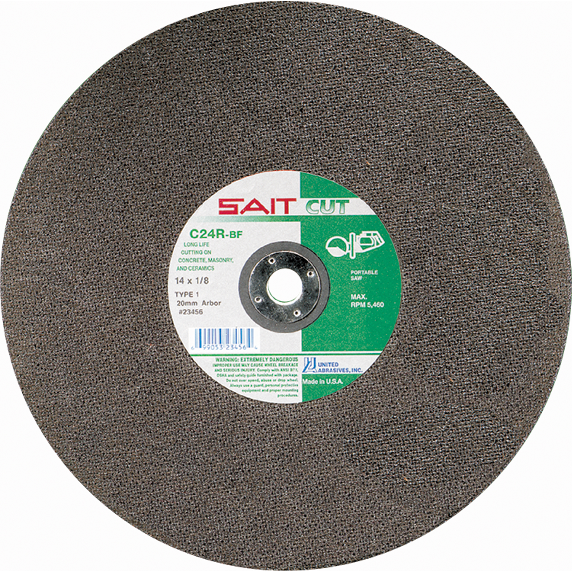 Meule à tronçonner haute vitesse pour le béton C24R, 14" x 1/8", Arbre de 1", Type 1, Carbure de silicium, 5400 Tr/min