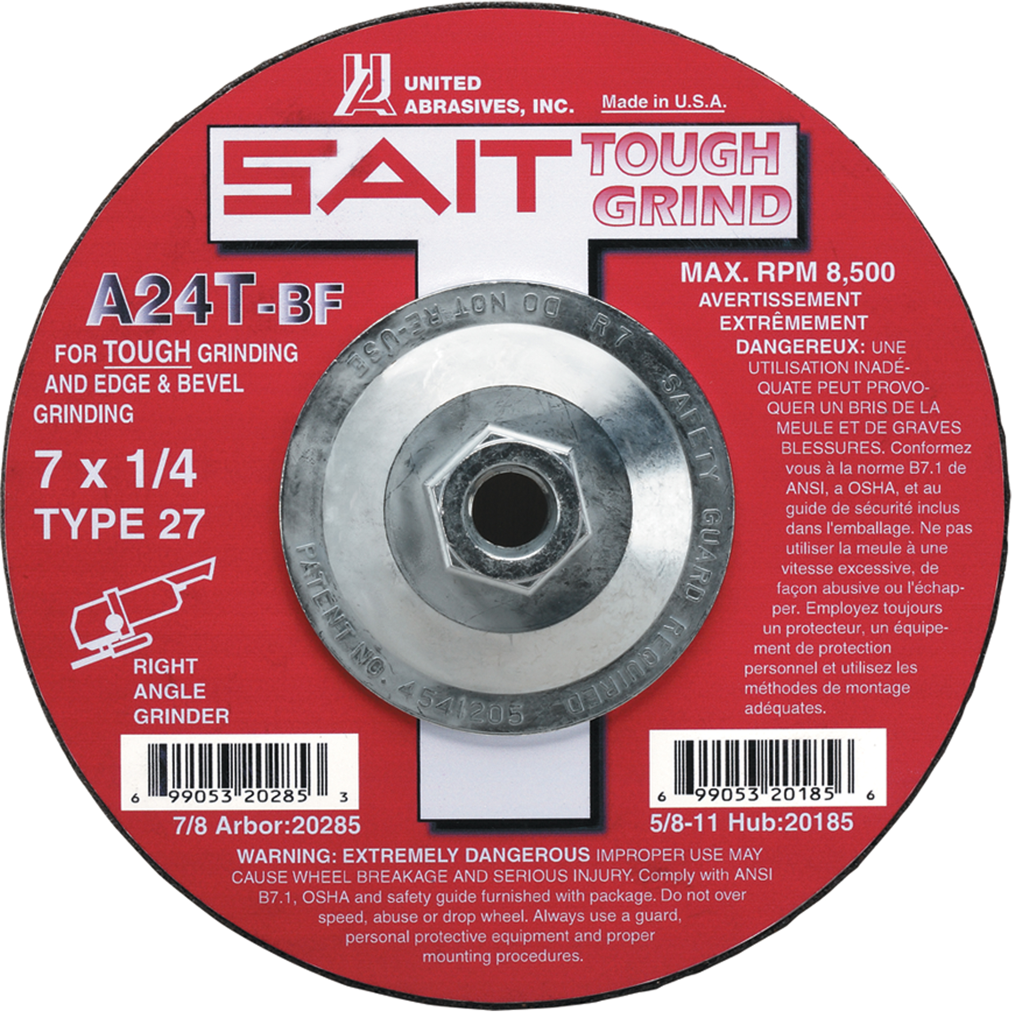 Meule A24T Tough Grind, 4-1/2" x 1/4", Arbre 7/8", Oxyde d'aluminium, Type 27