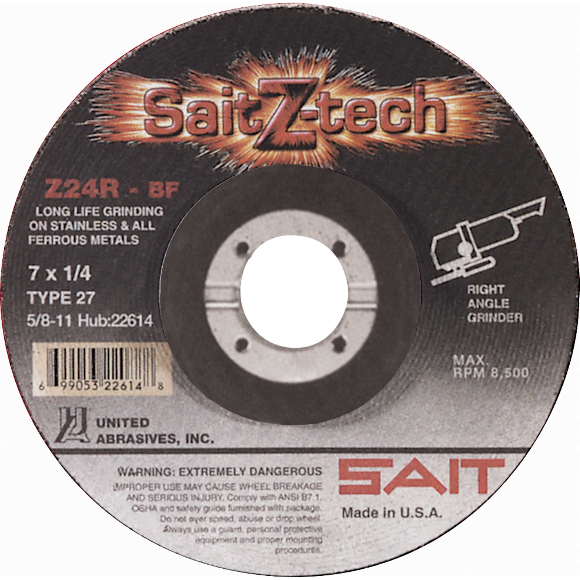 Meule haute performance Sait Z-TechMC Z24R, 4-1/2" x 1/4", Arbre 7/8", Zirconium, Type 27