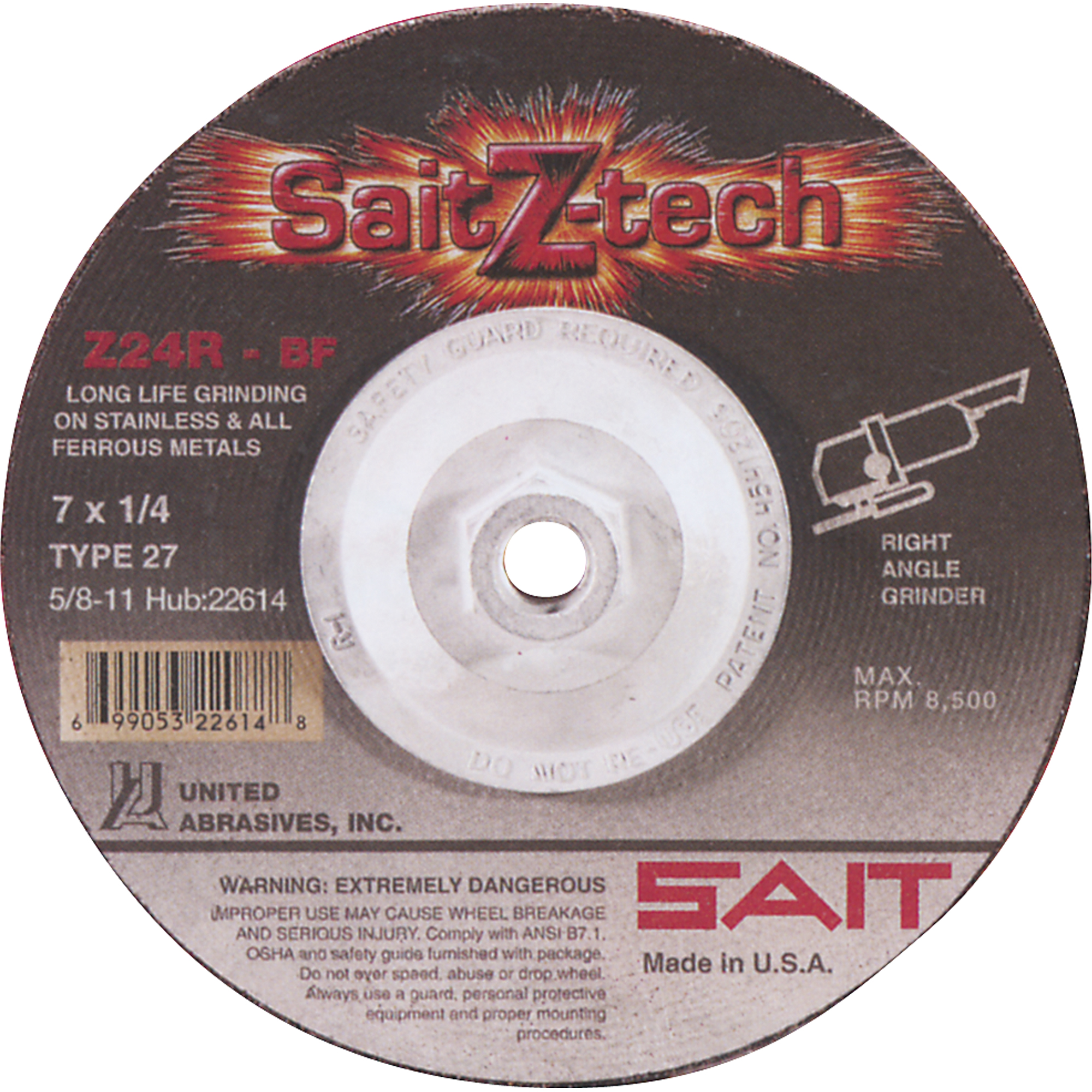 Meule Sait Z-TechMC Z24R, 4" x 1/4", Arbre 5/8", Zirconium, Type 27