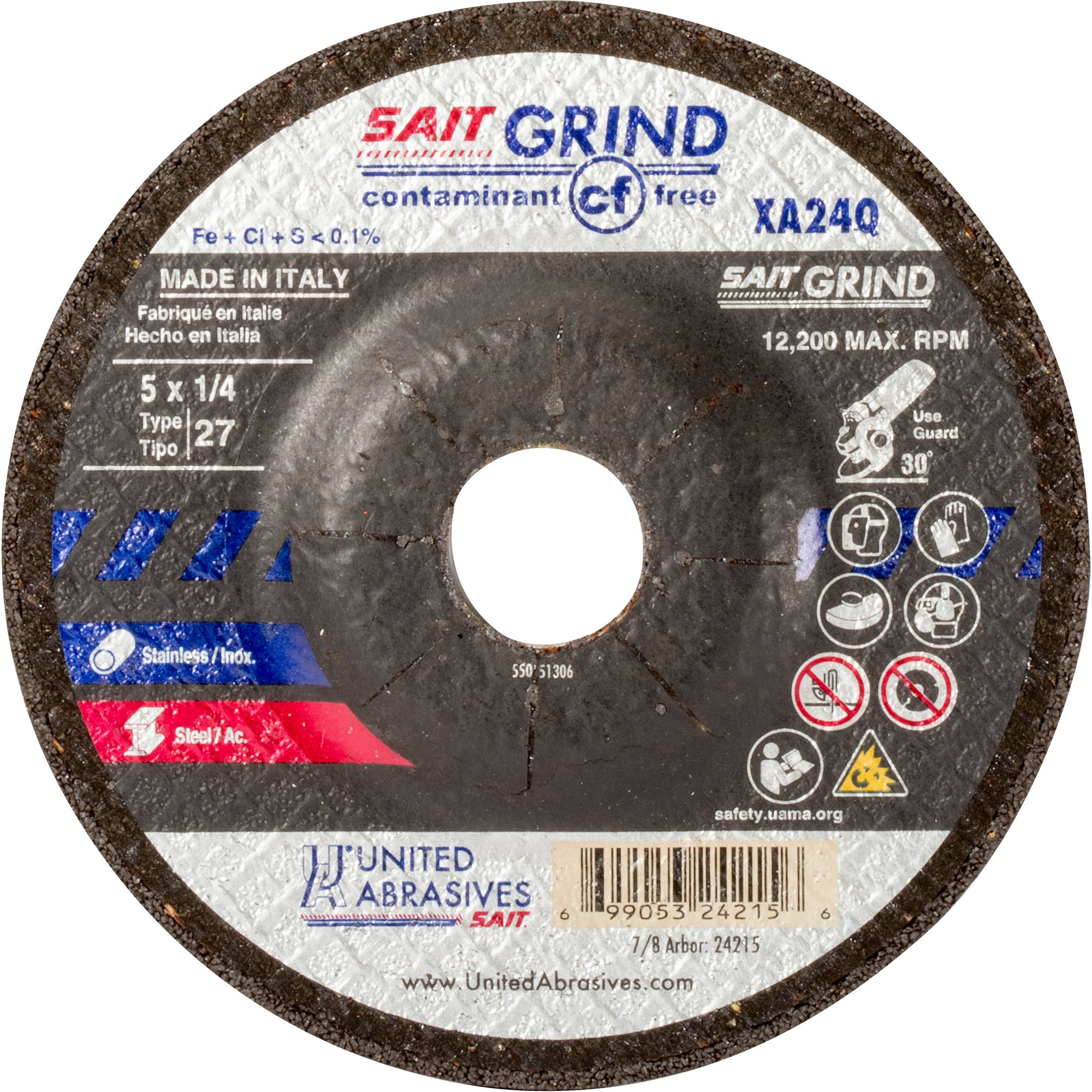 Meule sans contaminants XA24Q, 4-1/2" x 1/4", Arbre 7/8", Type 1